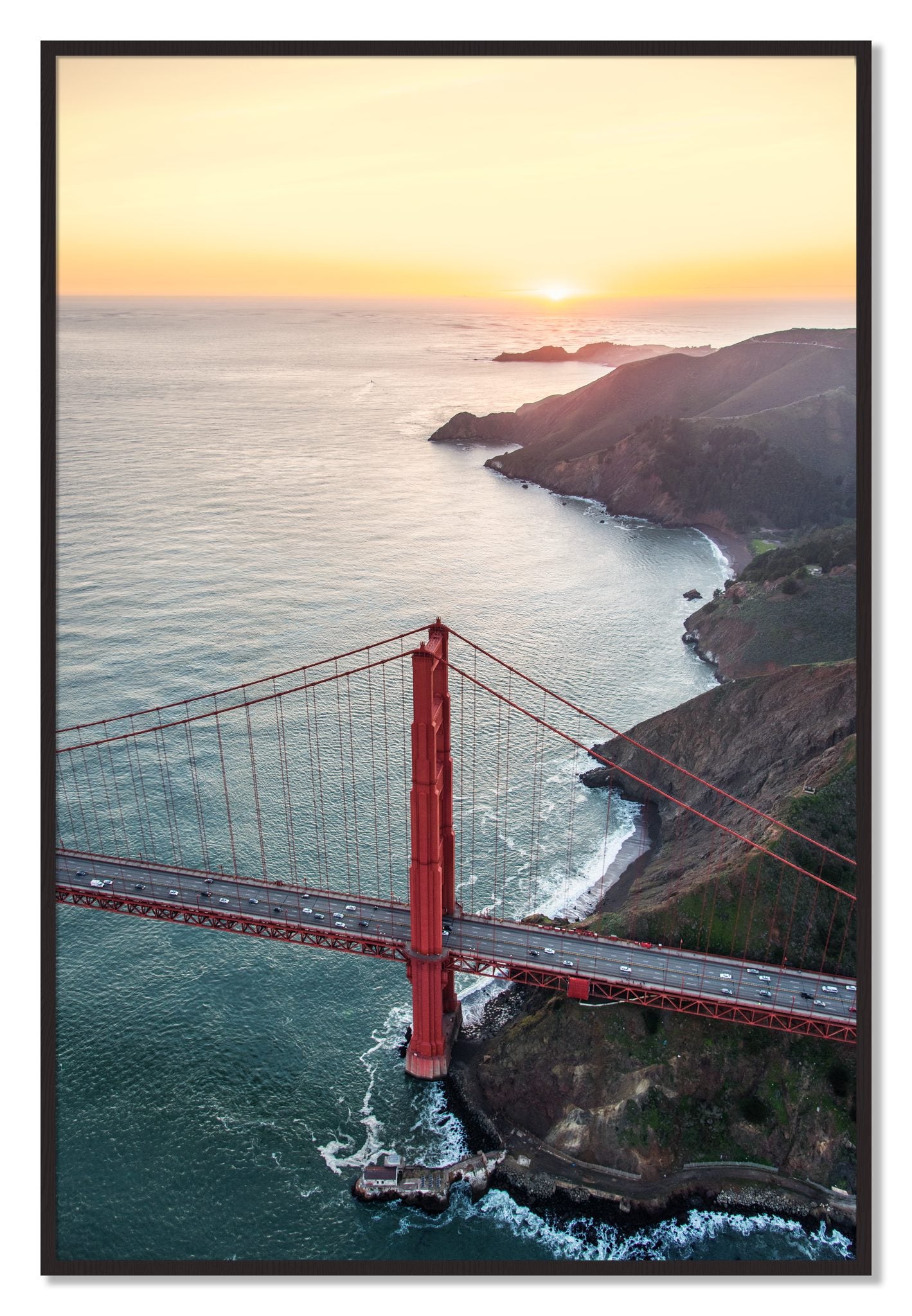 Framed photograph of Golden Gate At Dusk by Dylan Ozanich, Black Walnut frame, Full Bleed