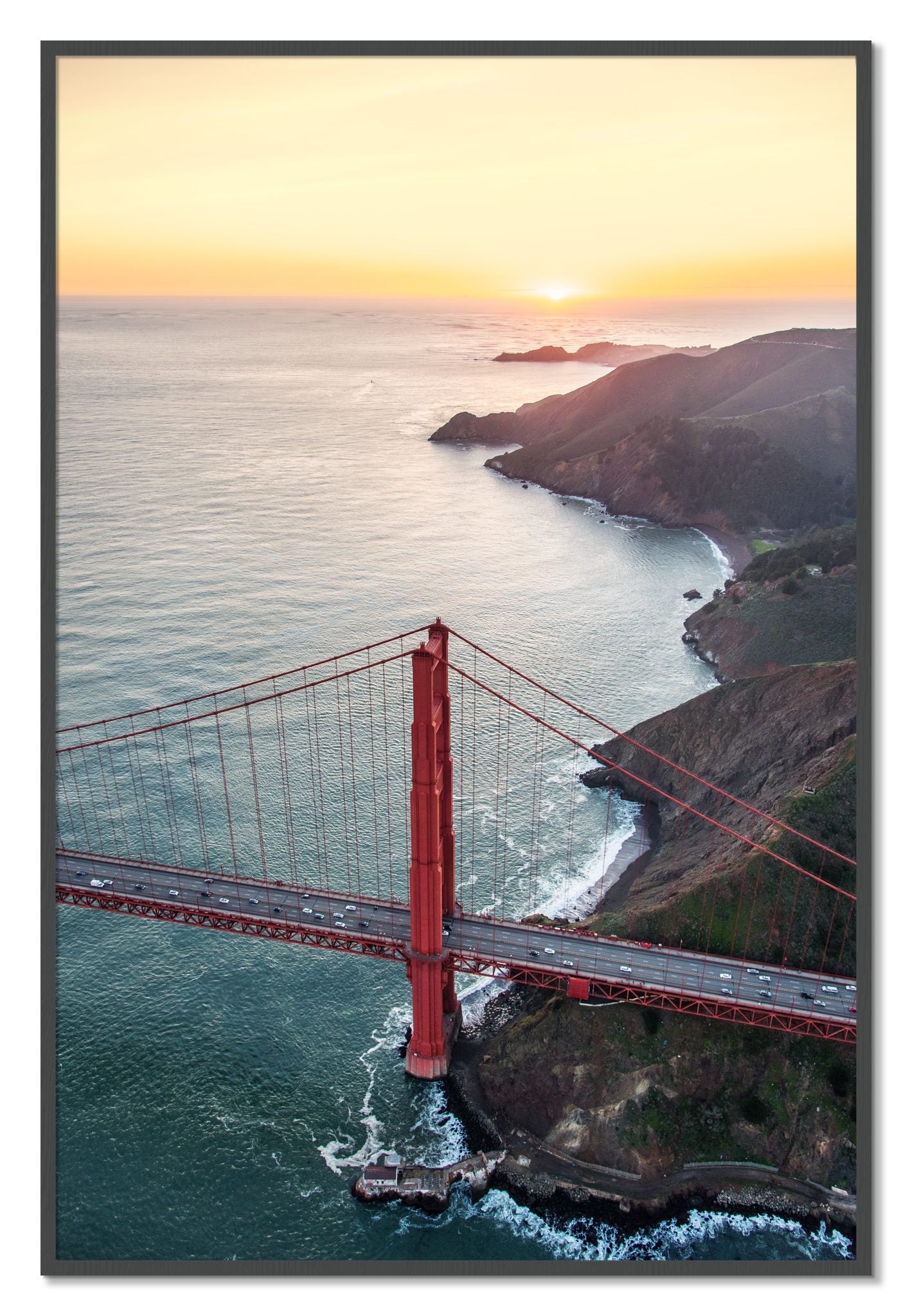 Framed photograph of Golden Gate At Dusk by Dylan Ozanich, Grey frame, Full Bleed