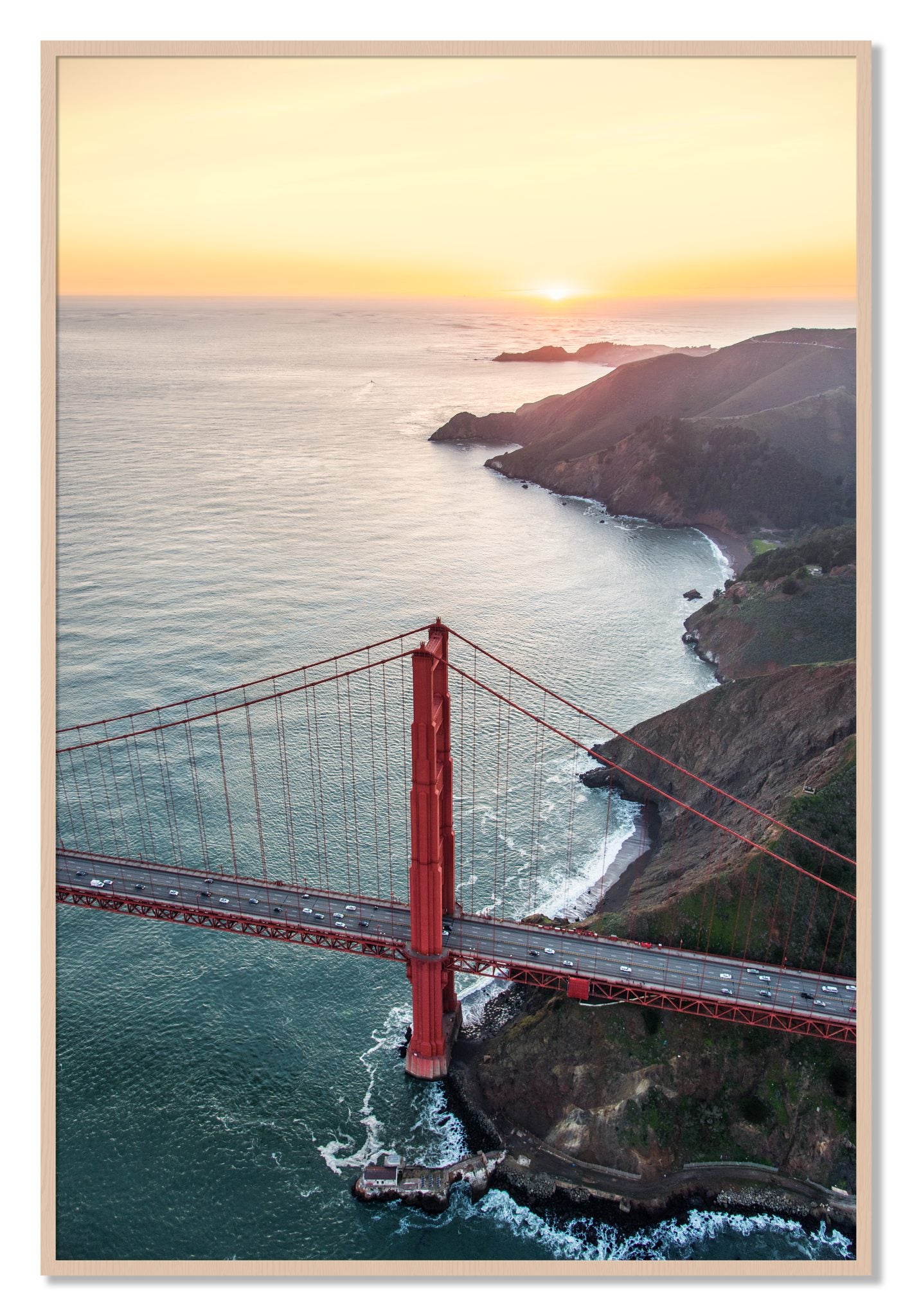 Framed photograph of Golden Gate At Dusk by Dylan Ozanich, Maple frame, Full Bleed