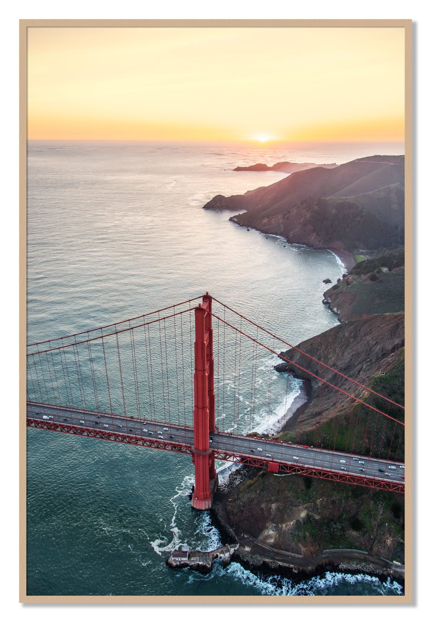 Framed photograph of Golden Gate At Dusk by Dylan Ozanich, Oak frame, Full Bleed