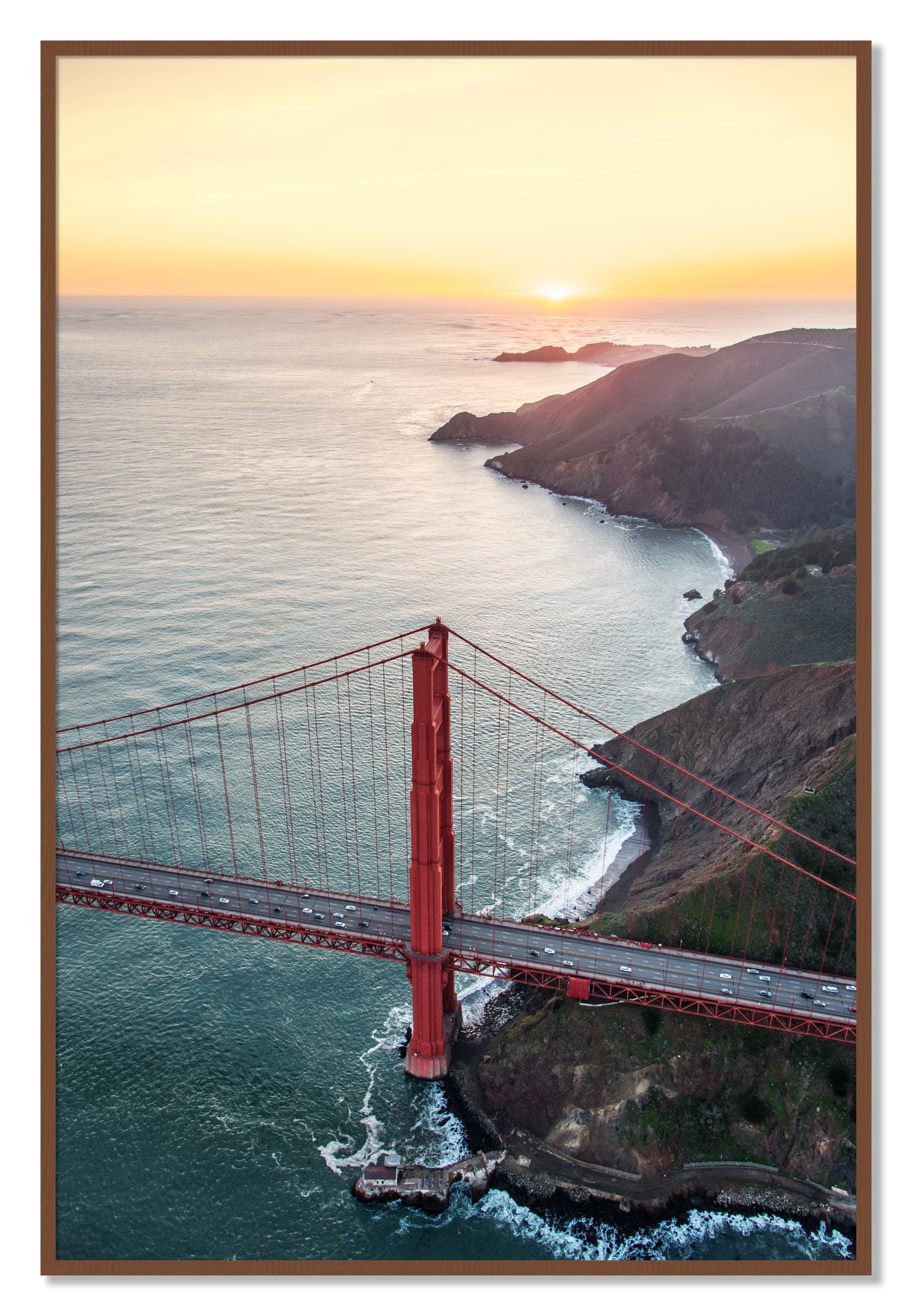 Framed photograph of Golden Gate At Dusk by Dylan Ozanich, Walnut frame, Full Bleed