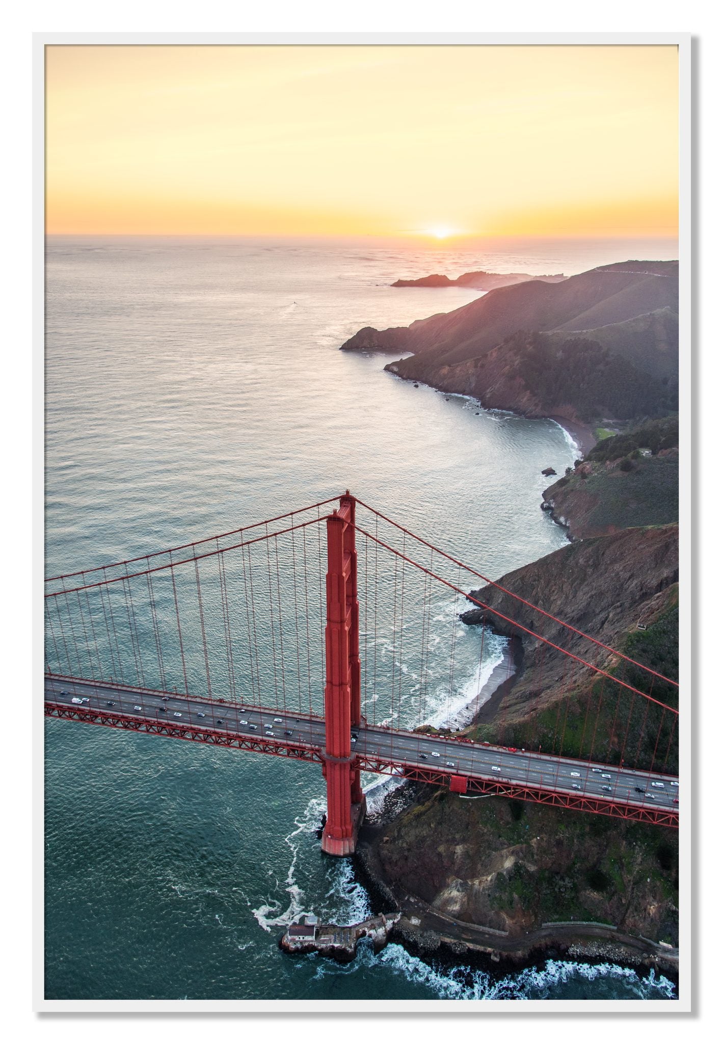 Framed photograph of Golden Gate At Dusk by Dylan Ozanich, White frame, Full Bleed
