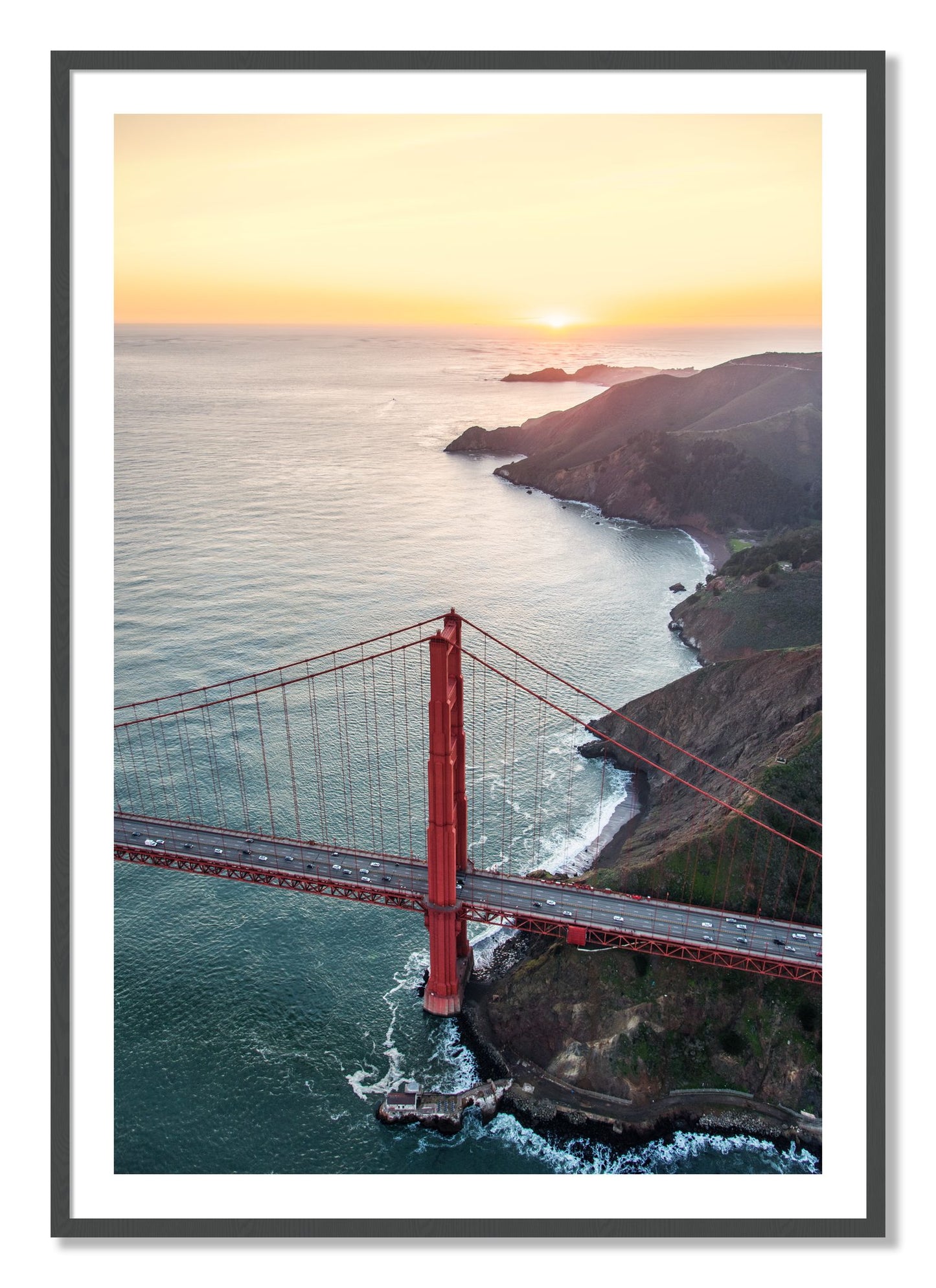 Framed photograph of Golden Gate At Dusk by Dylan Ozanich, Grey frame, Borders