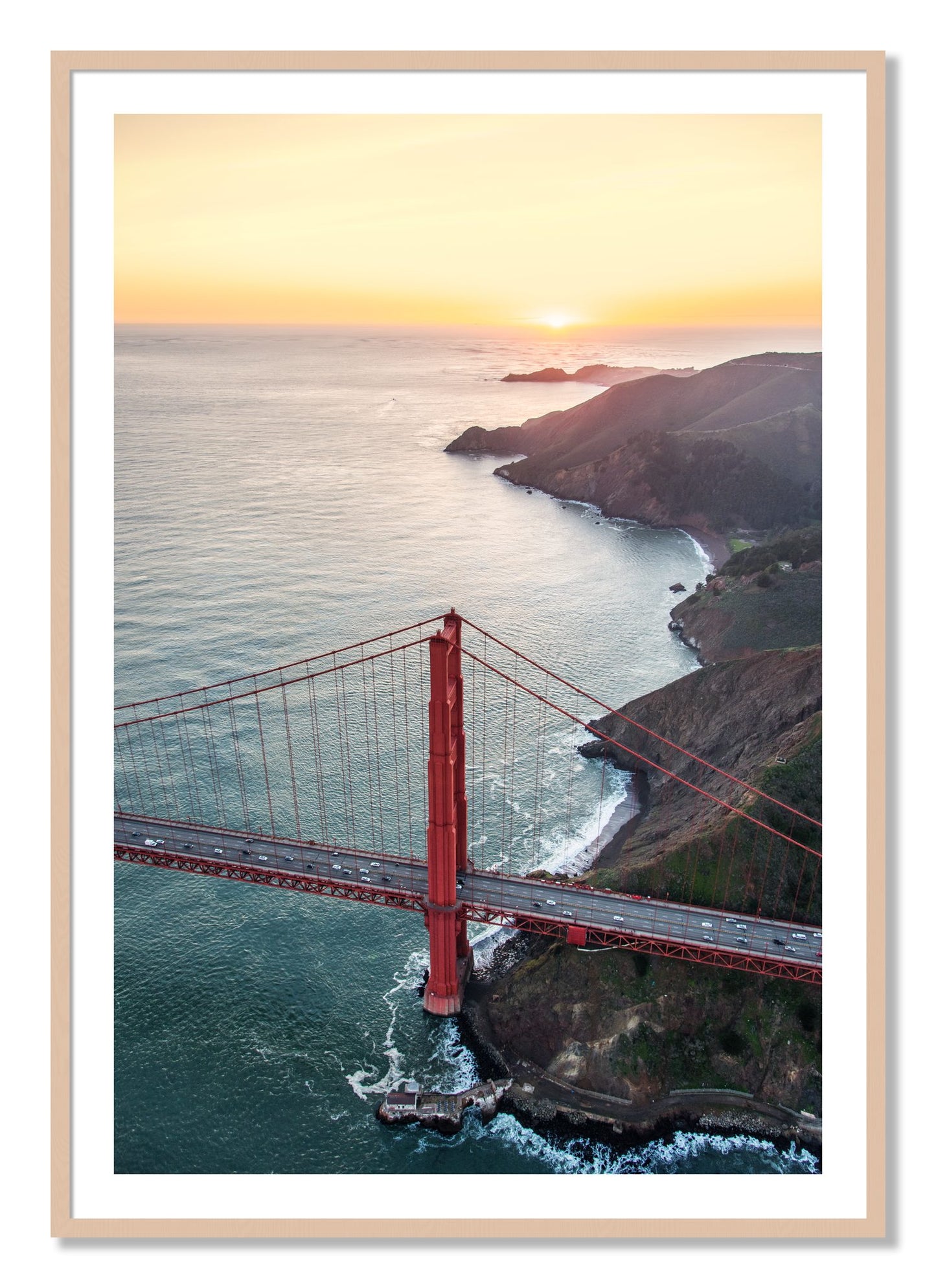 Framed photograph of Golden Gate At Dusk by Dylan Ozanich, Maple frame, Borders