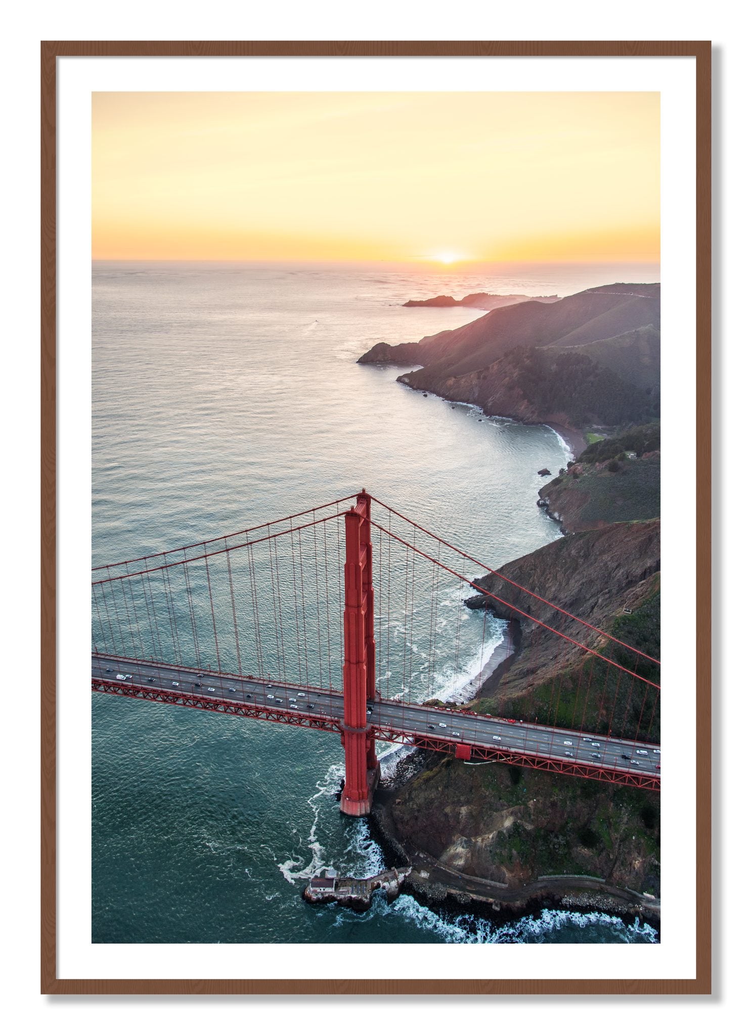Framed photograph of Golden Gate At Dusk by Dylan Ozanich, Walnut frame, Borders