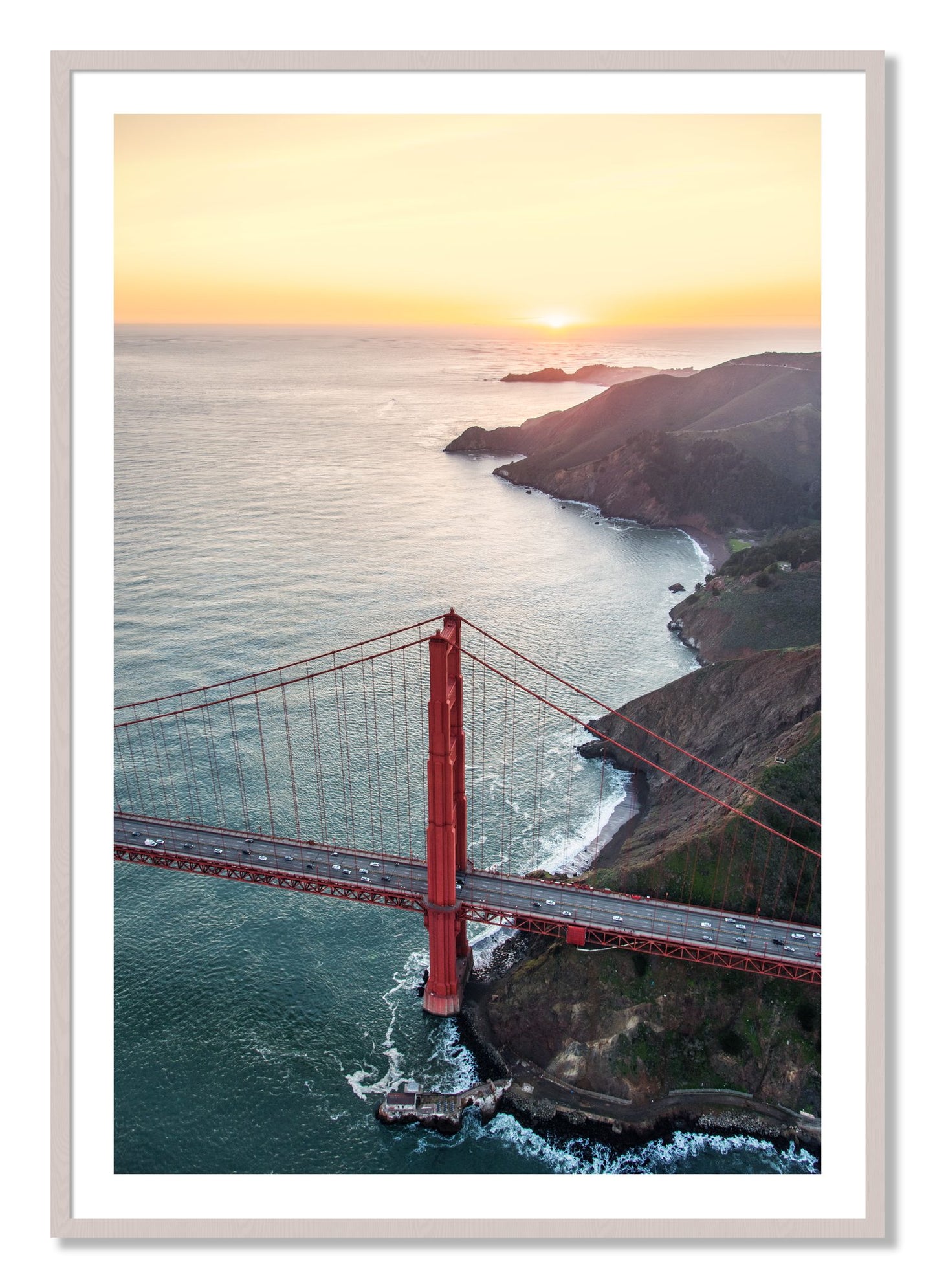 Framed photograph of Golden Gate At Dusk by Dylan Ozanich, White Maple frame, Borders