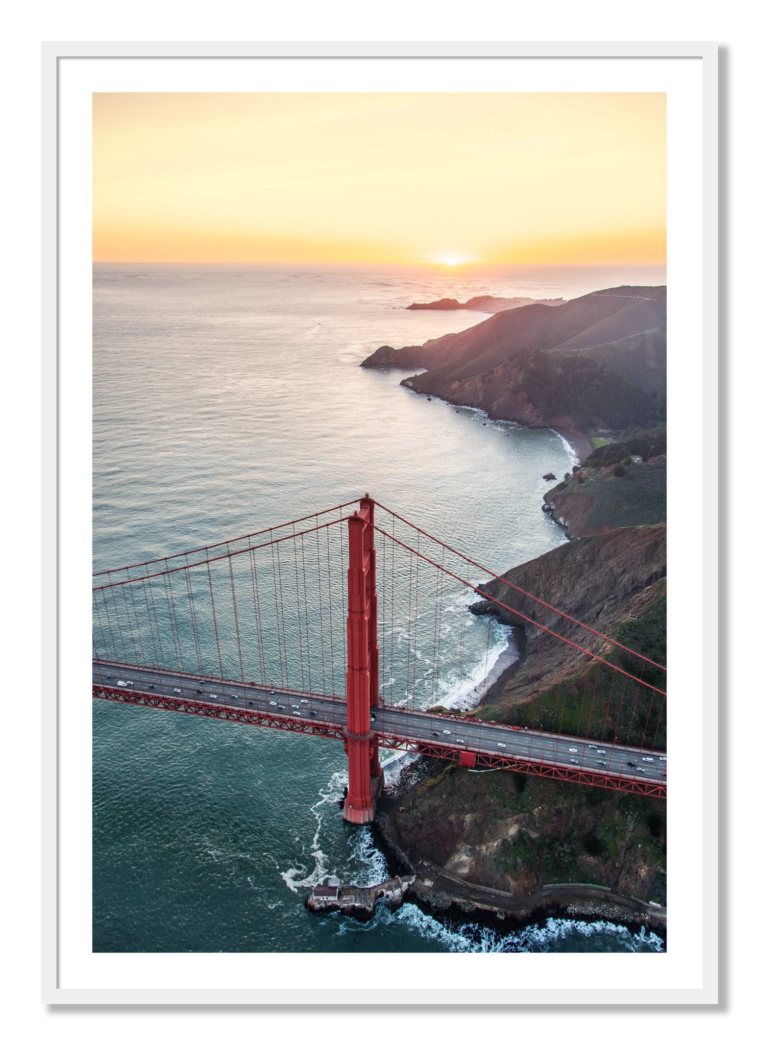 Framed photograph of Golden Gate At Dusk by Dylan Ozanich, White frame, Borders