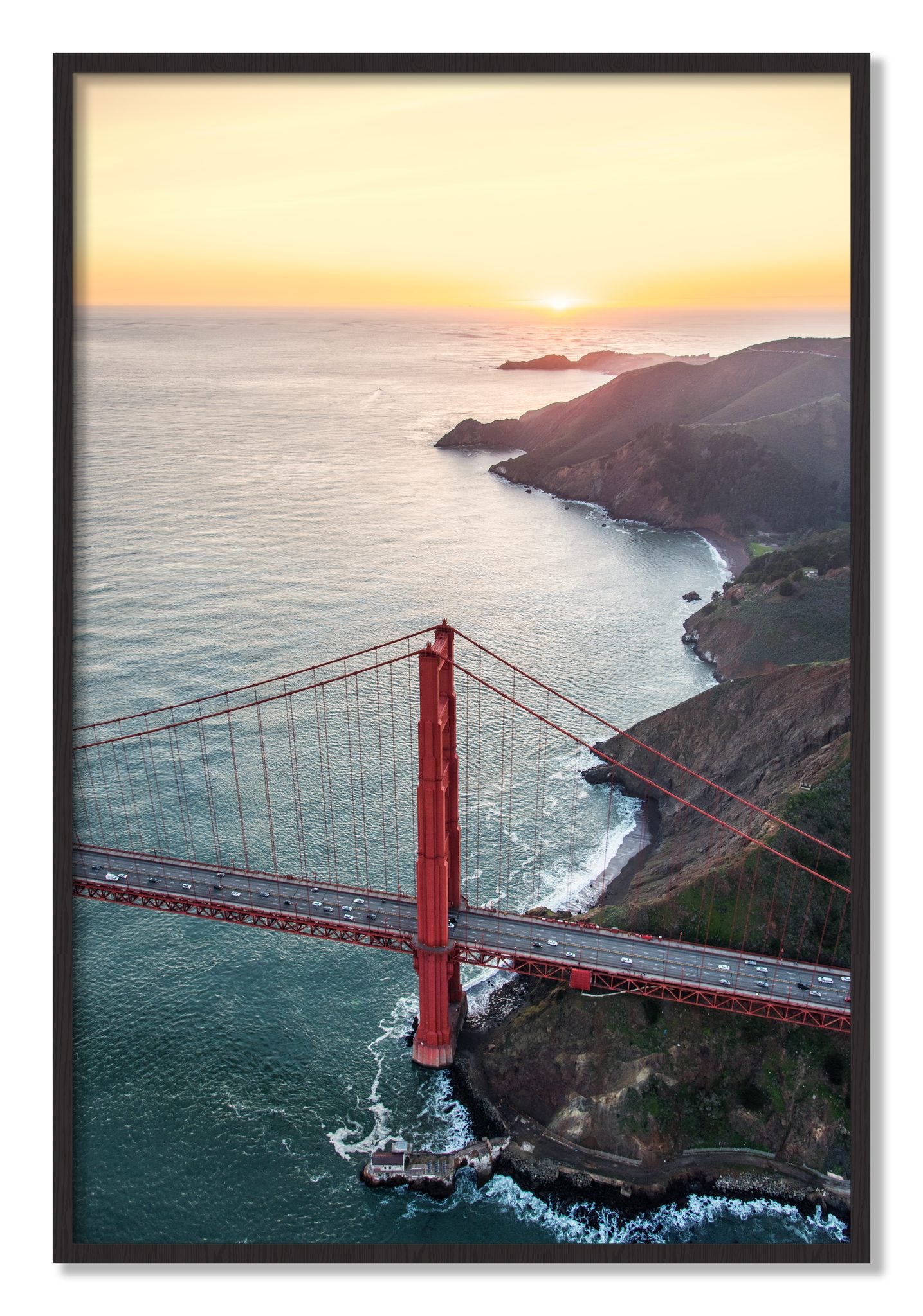 Framed photograph of Golden Gate At Dusk by Dylan Ozanich, Black Walnut frame, Full Bleed