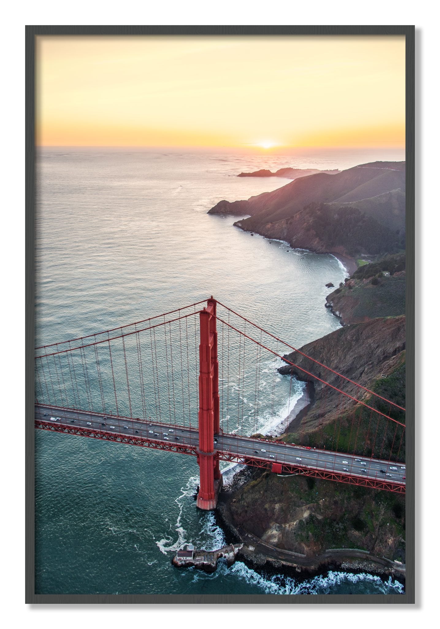 Framed photograph of Golden Gate At Dusk by Dylan Ozanich, Grey frame, Full Bleed