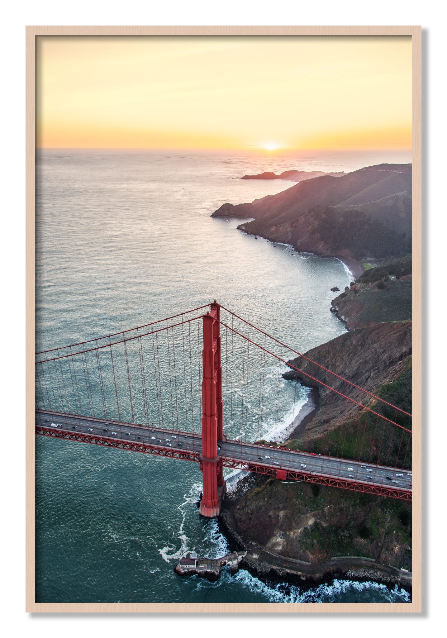 Framed photograph of Golden Gate At Dusk by Dylan Ozanich, Maple frame, Full Bleed
