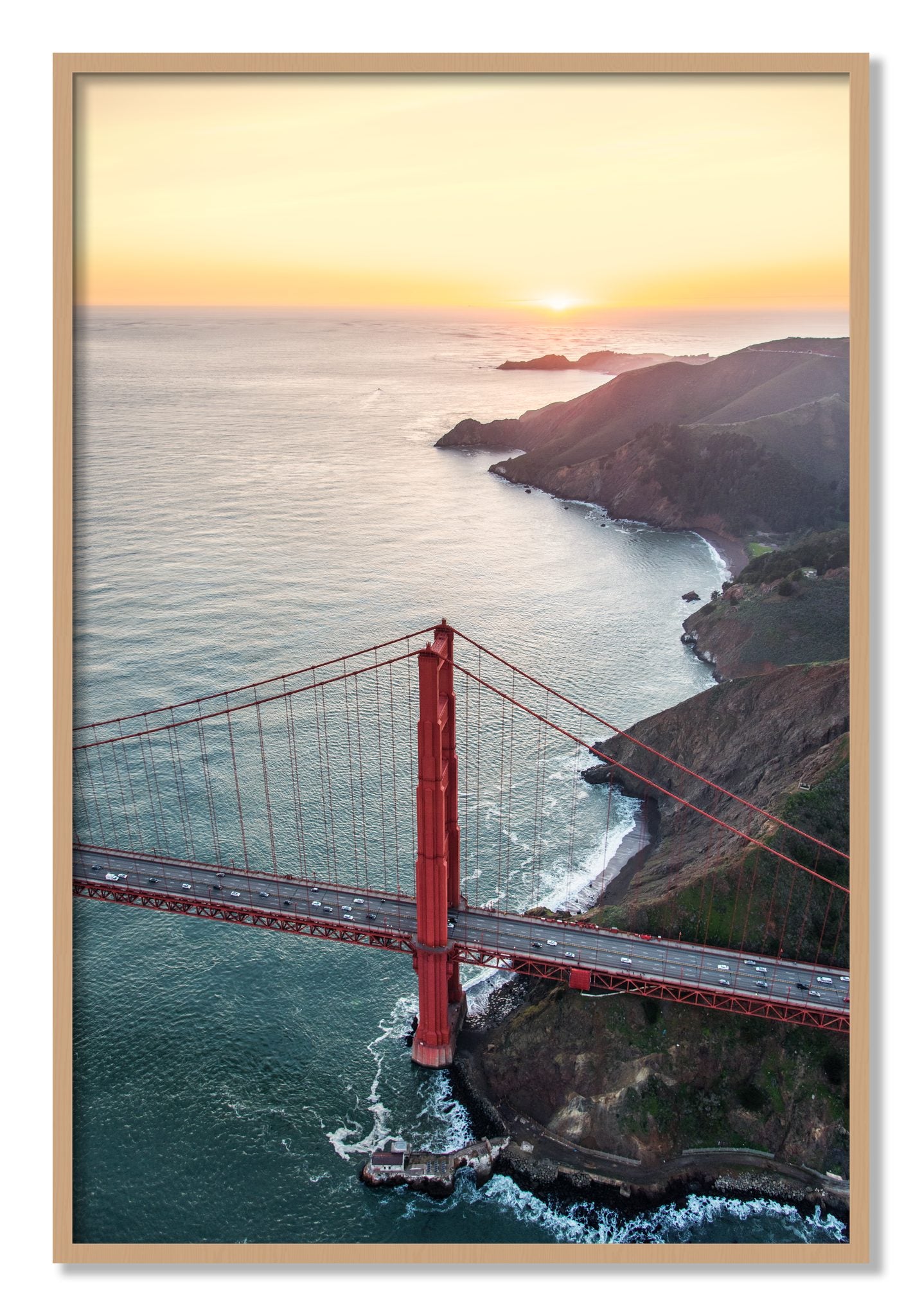 Framed photograph of Golden Gate At Dusk by Dylan Ozanich, Oak frame, Full Bleed