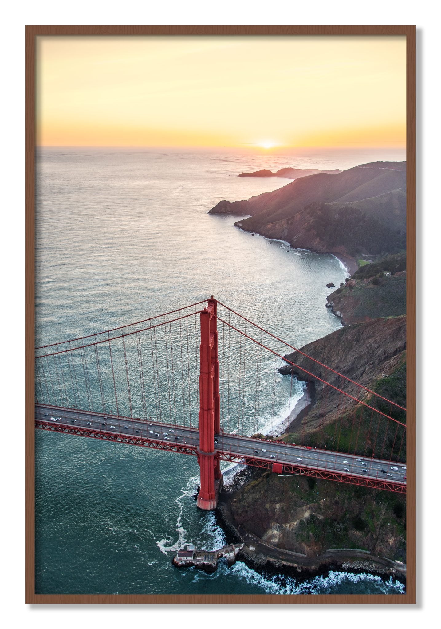 Framed photograph of Golden Gate At Dusk by Dylan Ozanich, Walnut frame, Full Bleed