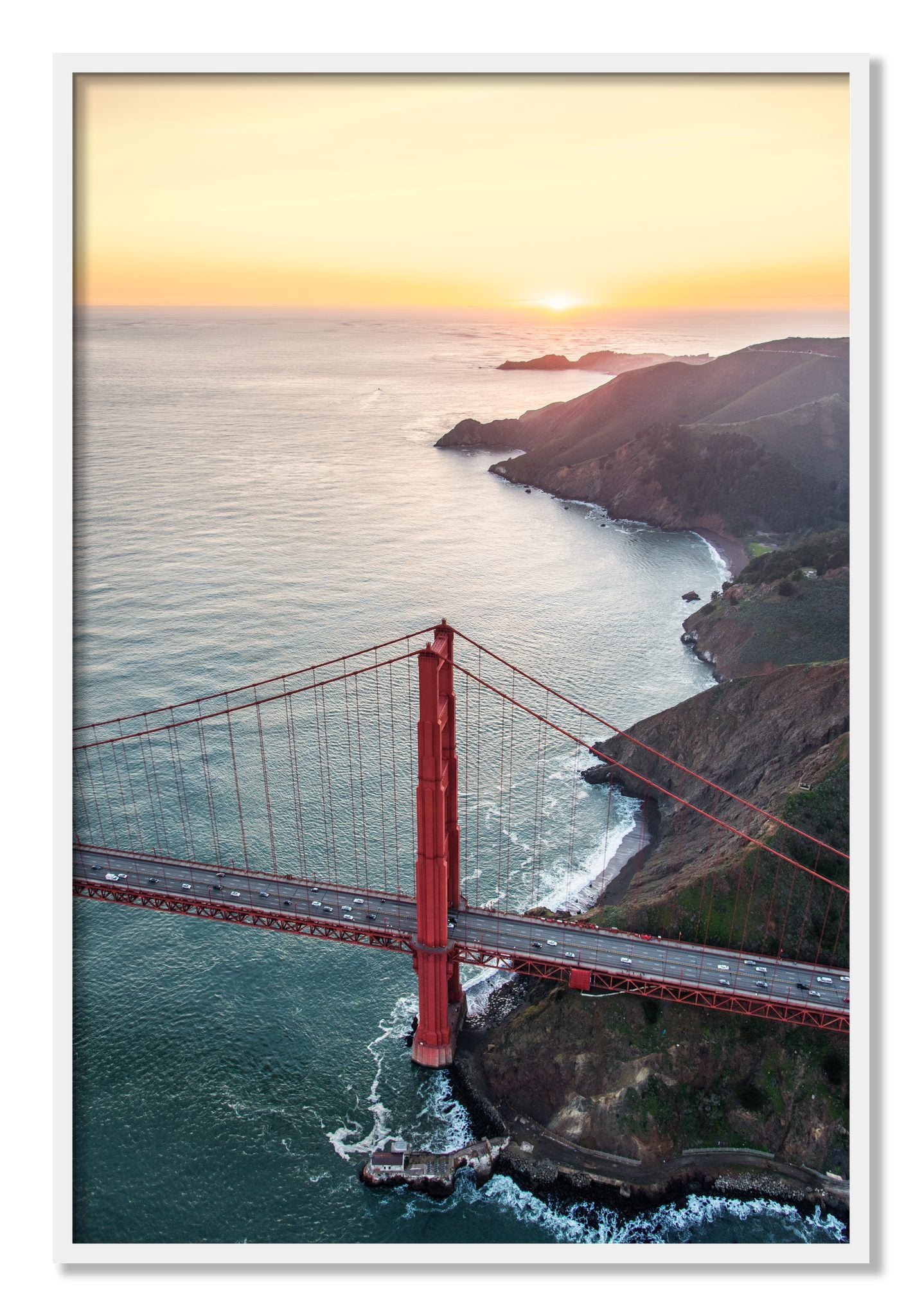 Framed photograph of Golden Gate At Dusk by Dylan Ozanich, White frame, Full Bleed