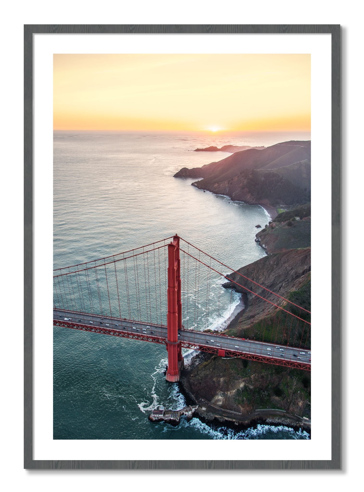 Framed photograph of Golden Gate At Dusk by Dylan Ozanich, Grey frame, Borders