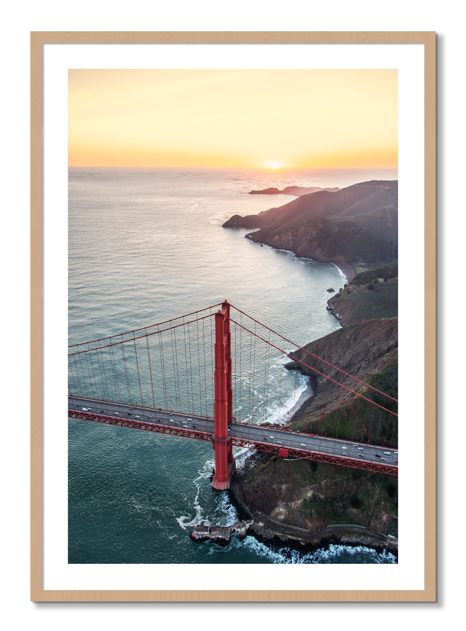 Framed photograph of Golden Gate At Dusk by Dylan Ozanich, Oak frame, Borders