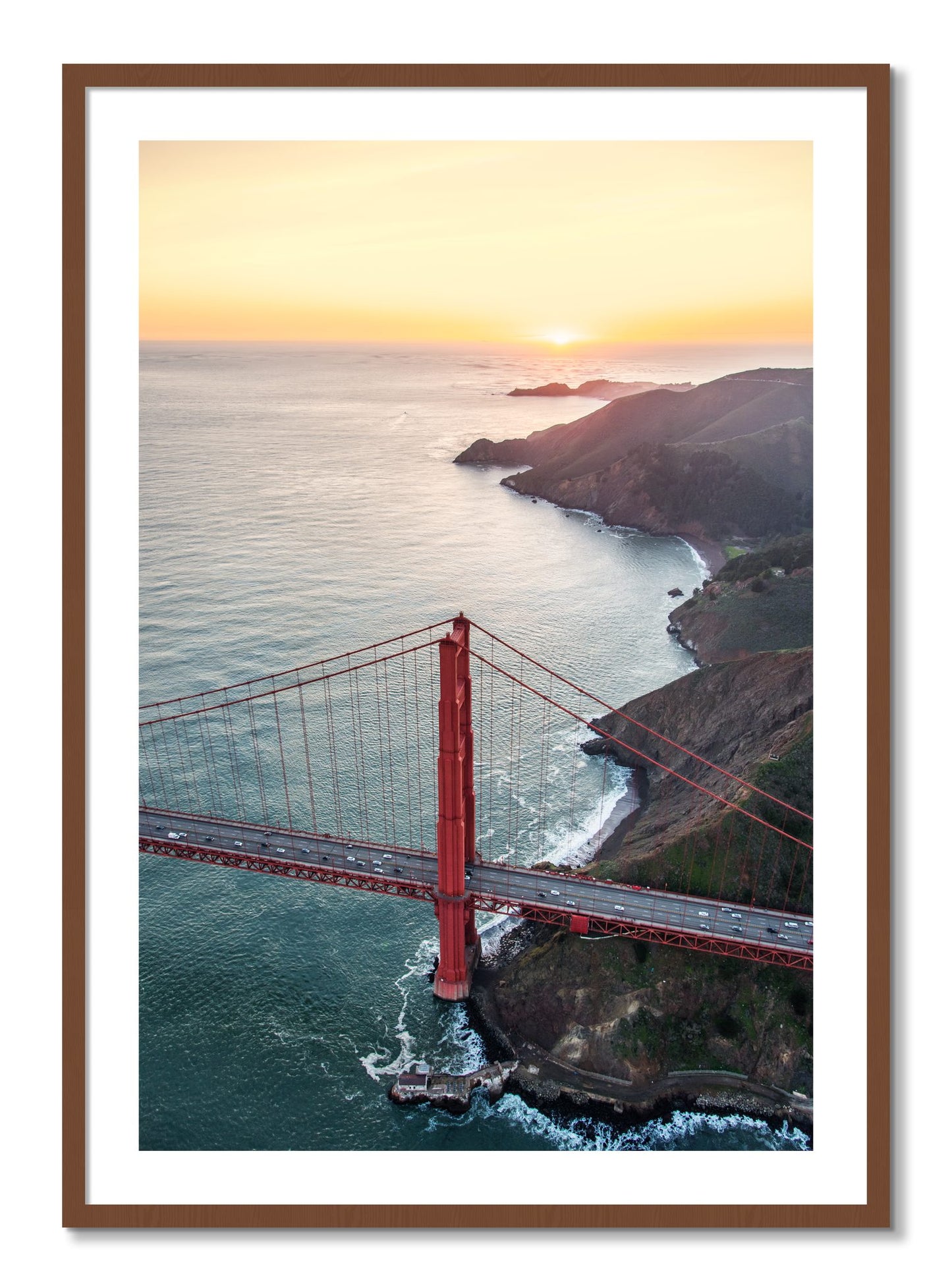 Framed photograph of Golden Gate At Dusk by Dylan Ozanich, Walnut frame, Borders