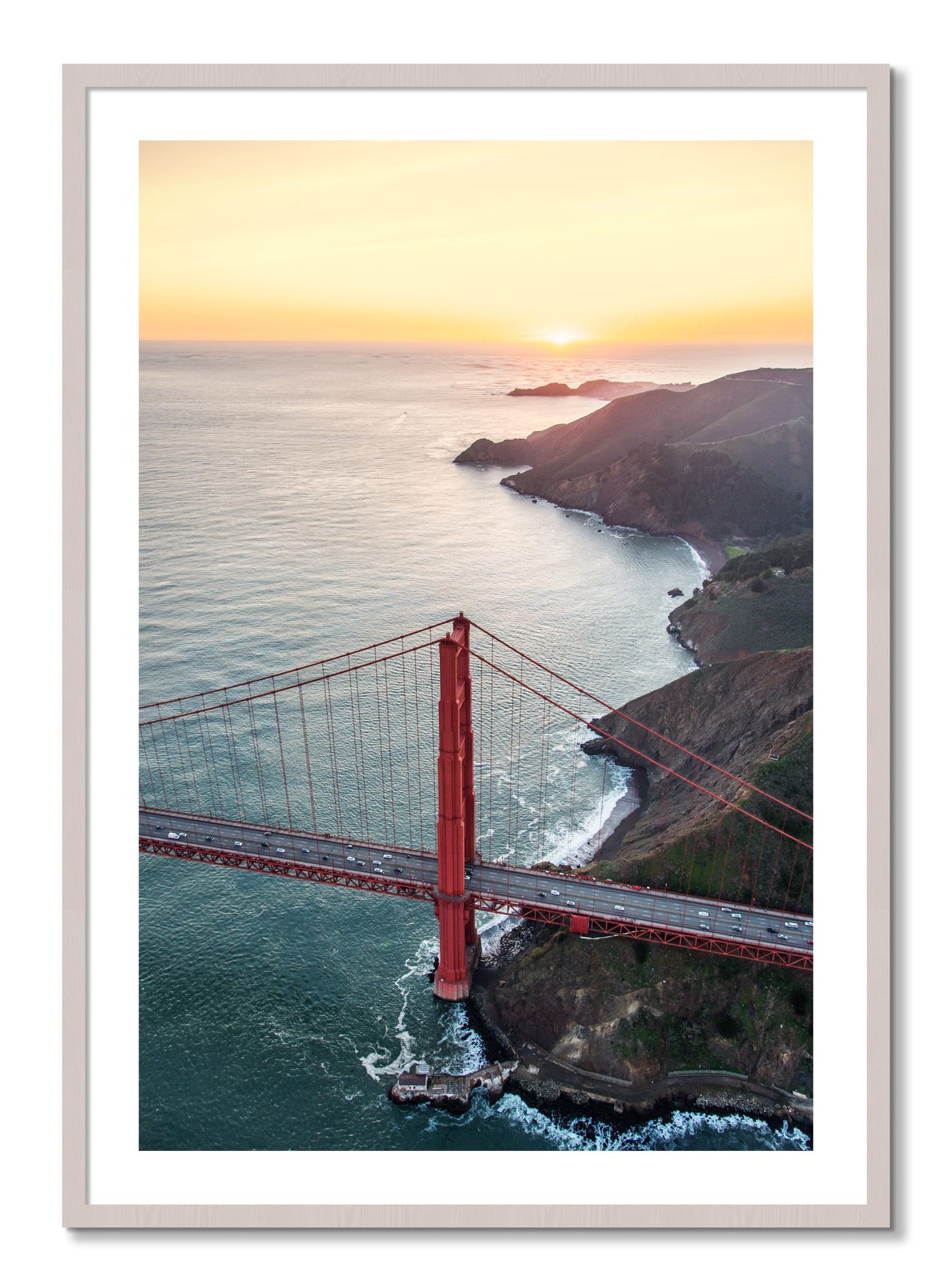 Framed photograph of Golden Gate At Dusk by Dylan Ozanich, White Maple frame, Borders