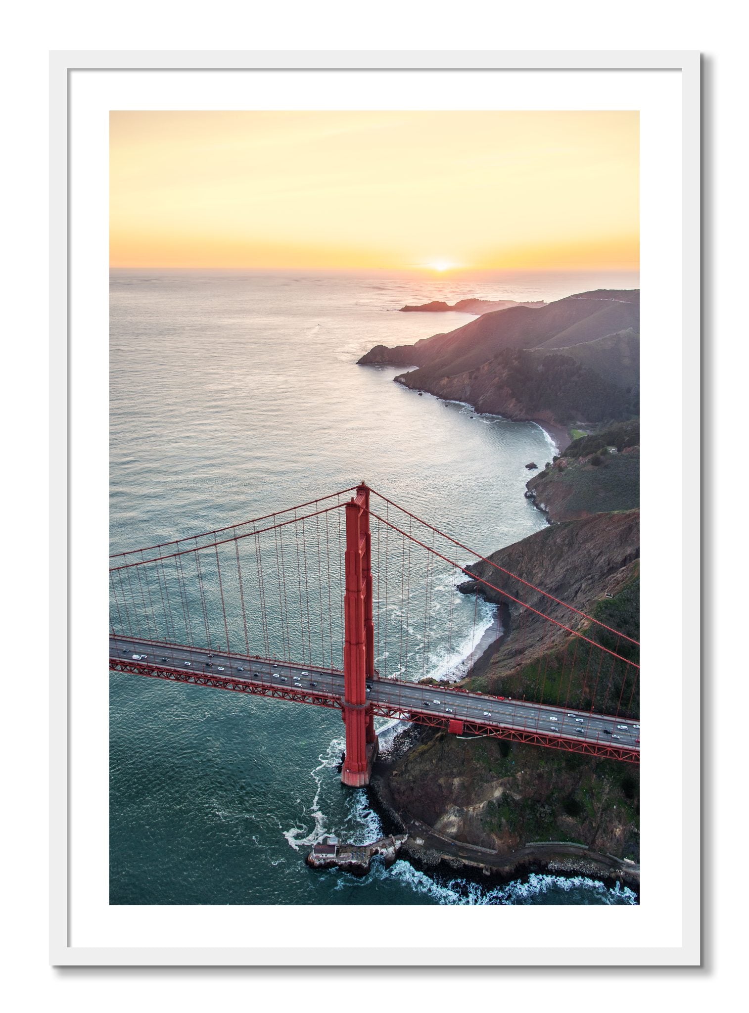Framed photograph of Golden Gate At Dusk by Dylan Ozanich, White frame, Borders