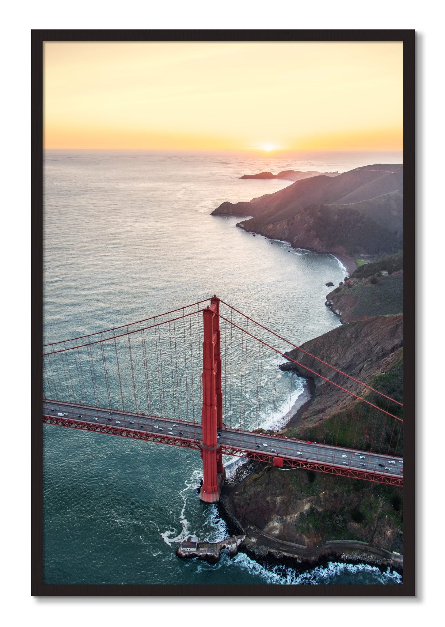 Framed photograph of Golden Gate At Dusk by Dylan Ozanich, Black Walnut frame, Full Bleed