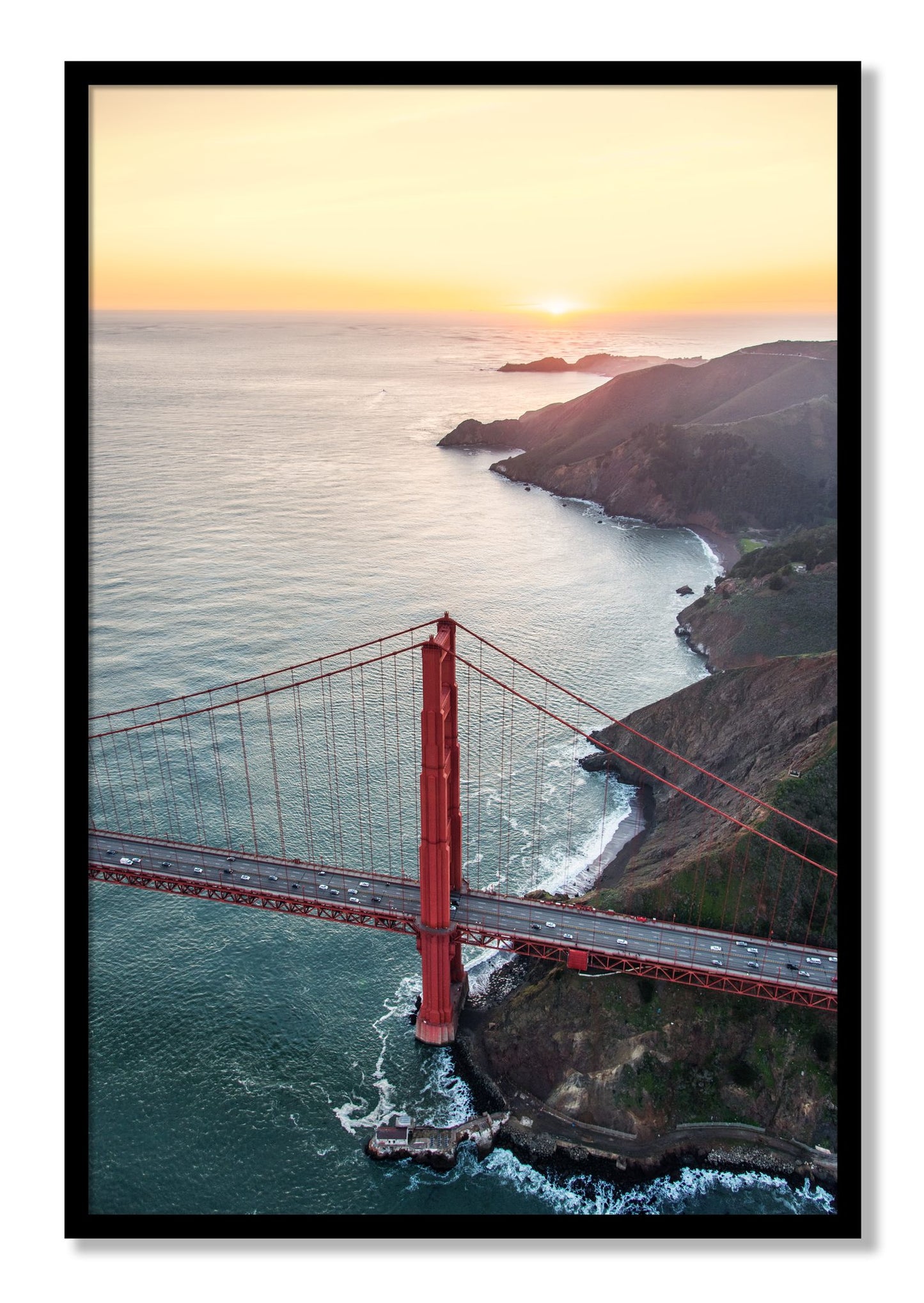 Framed photograph of Golden Gate At Dusk by Dylan Ozanich, Black frame, Full Bleed