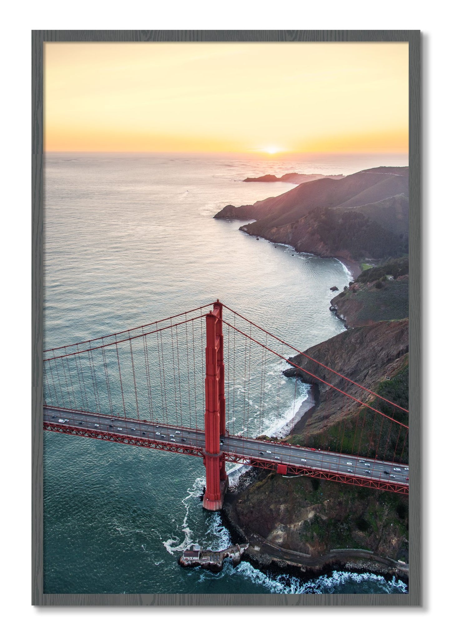 Framed photograph of Golden Gate At Dusk by Dylan Ozanich, Grey frame, Full Bleed