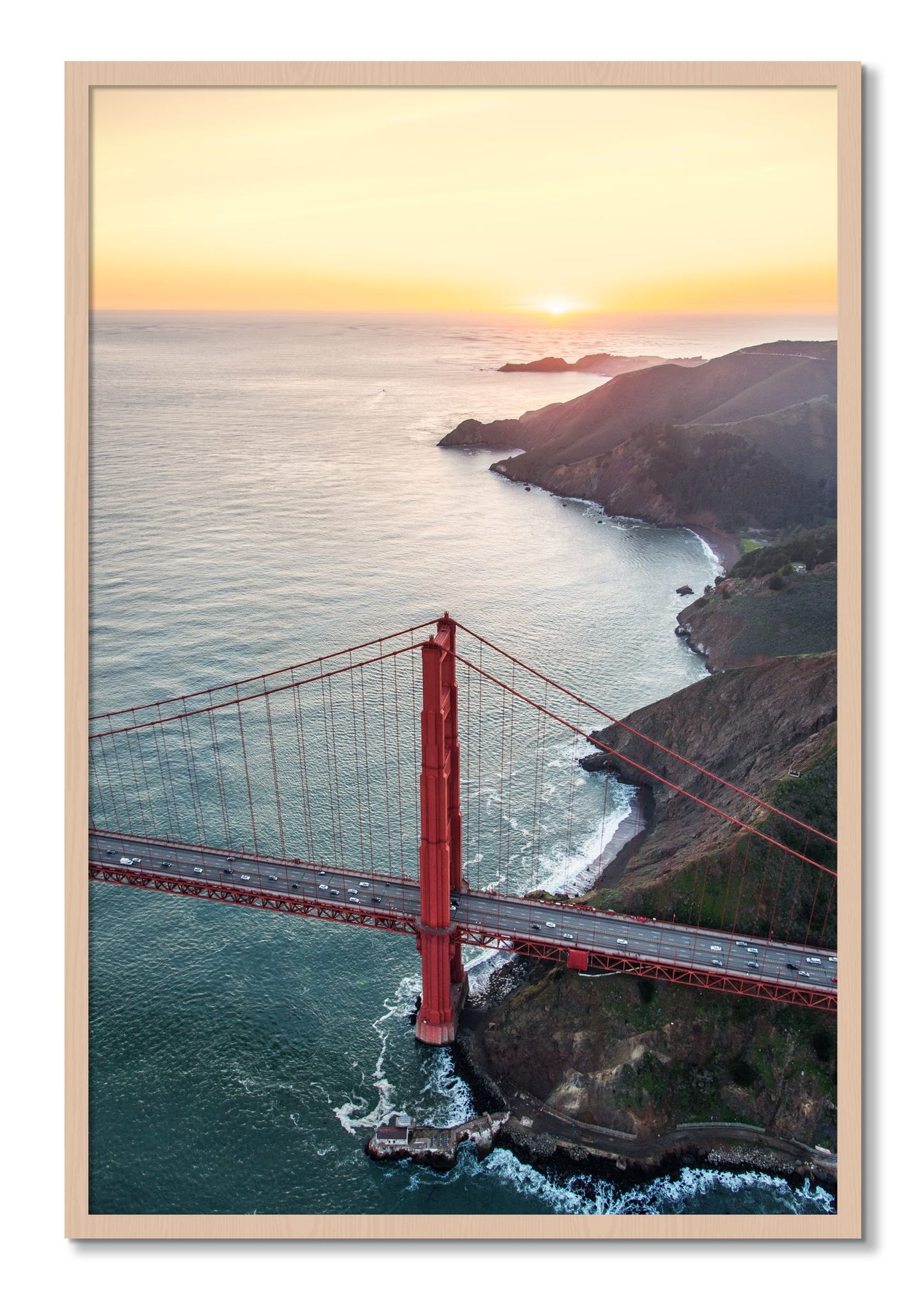 Framed photograph of Golden Gate At Dusk by Dylan Ozanich, Maple frame, Full Bleed