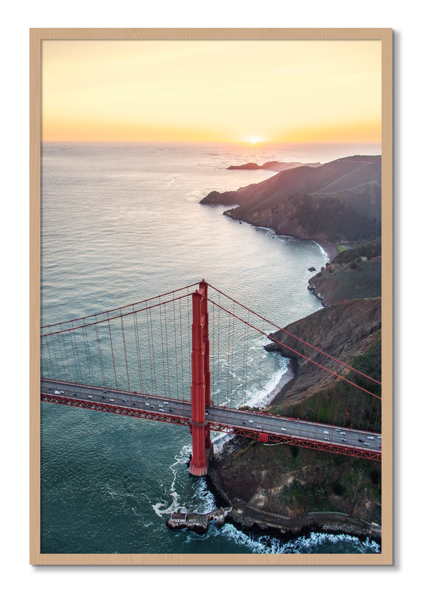 Framed photograph of Golden Gate At Dusk by Dylan Ozanich, Oak frame, Full Bleed