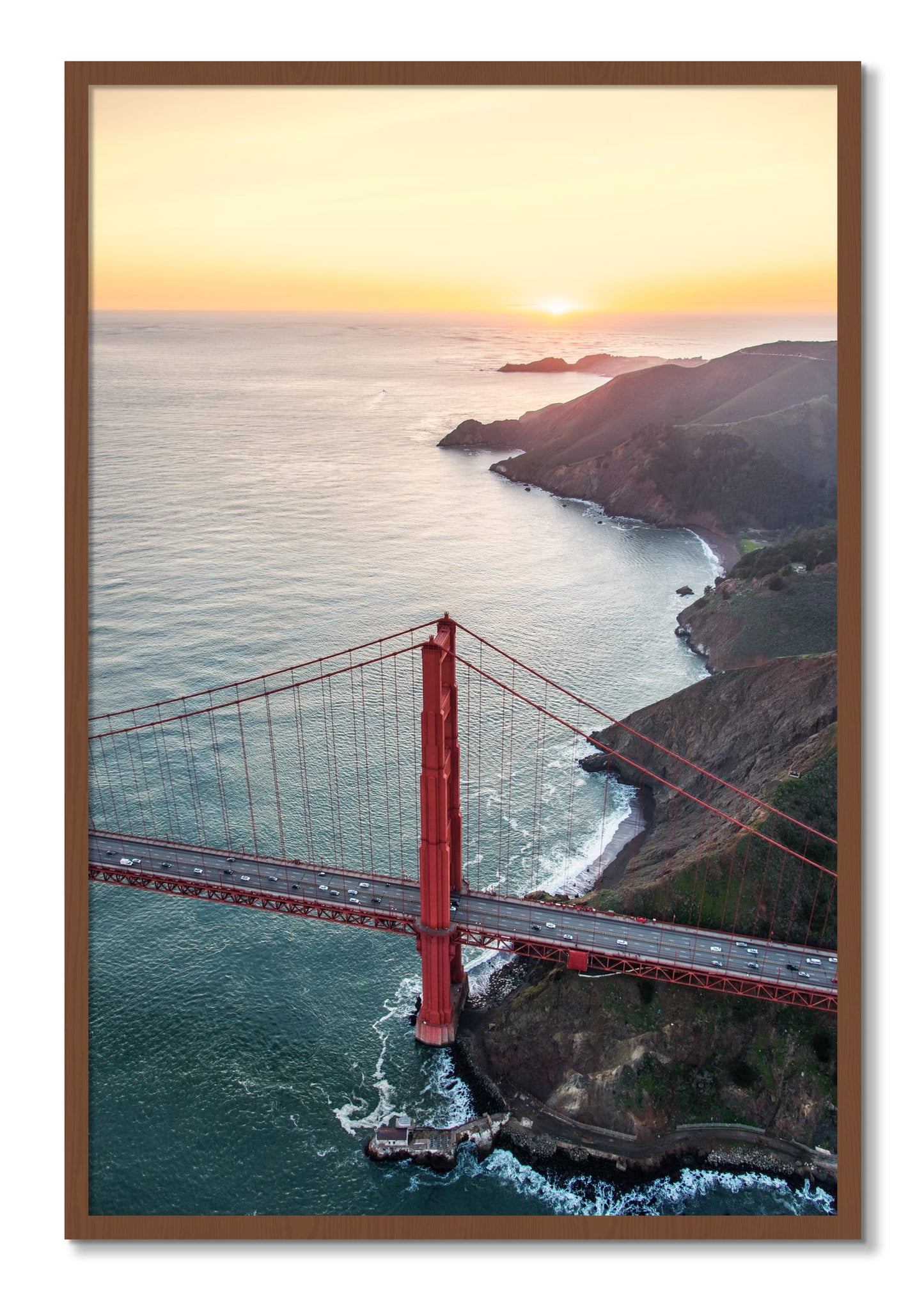 Framed photograph of Golden Gate At Dusk by Dylan Ozanich, Walnut frame, Full Bleed