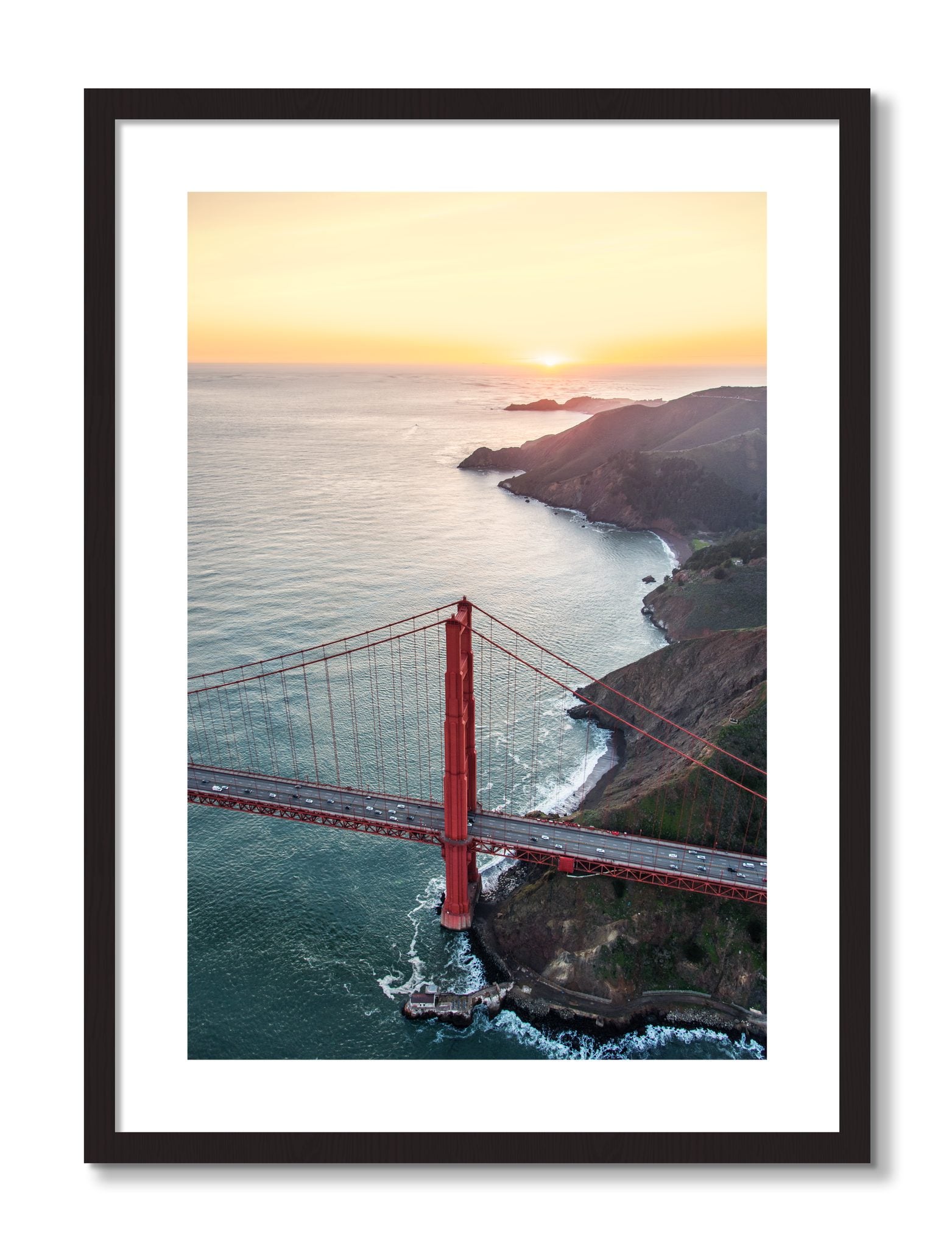 Framed photograph of Golden Gate At Dusk by Dylan Ozanich, Black Walnut frame, Borders