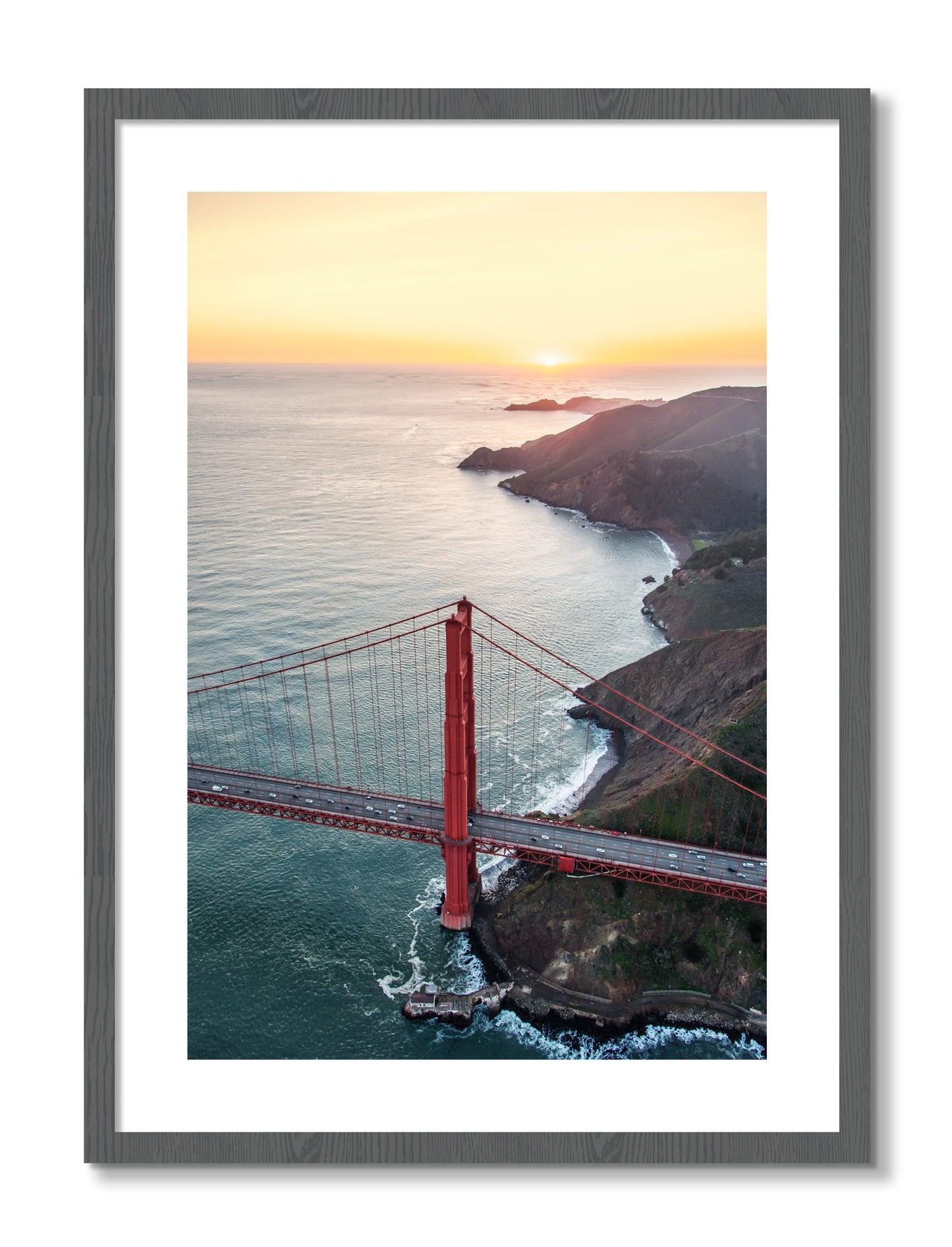 Framed photograph of Golden Gate At Dusk by Dylan Ozanich, Grey frame, Borders