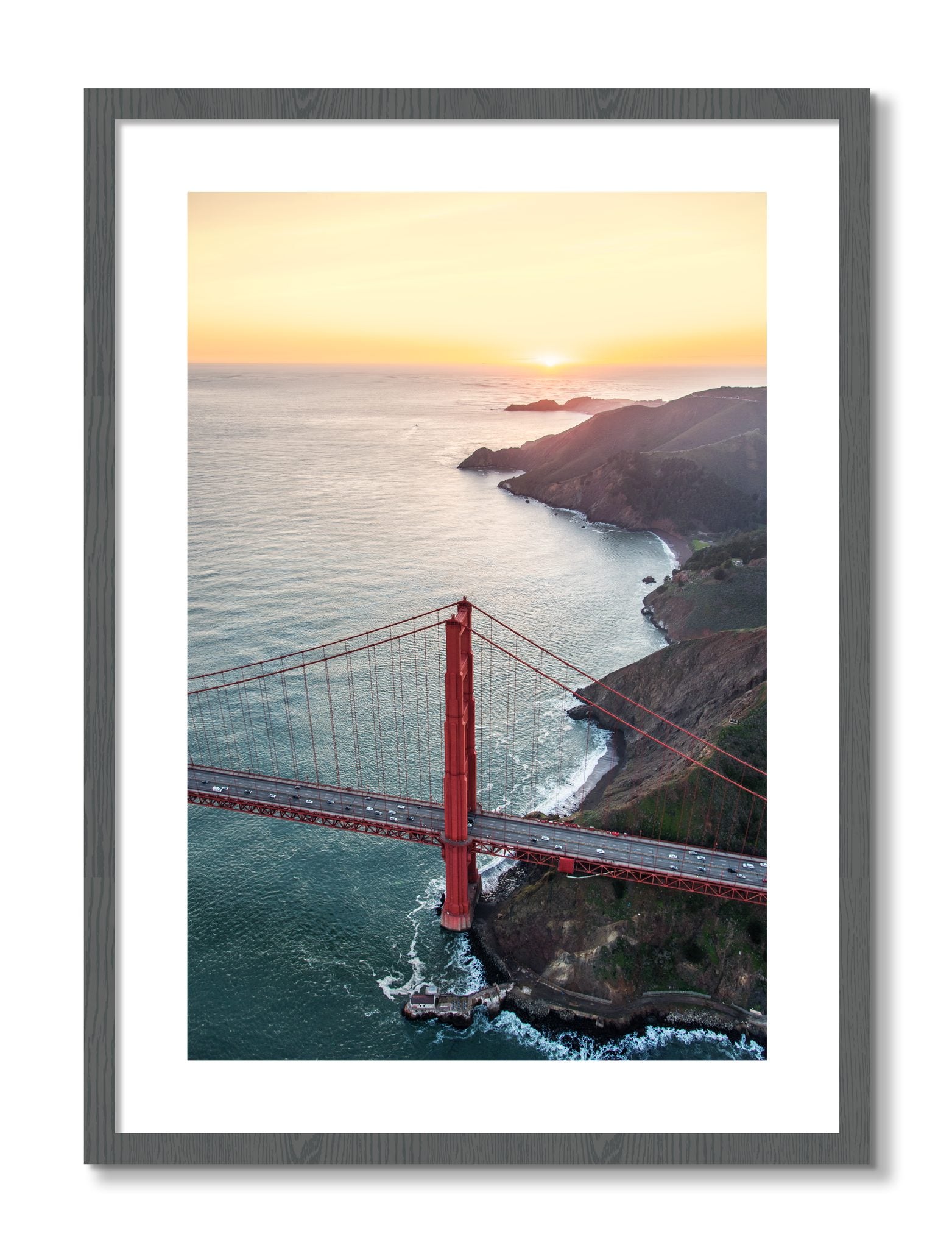 Framed photograph of Golden Gate At Dusk by Dylan Ozanich, Grey frame, Borders