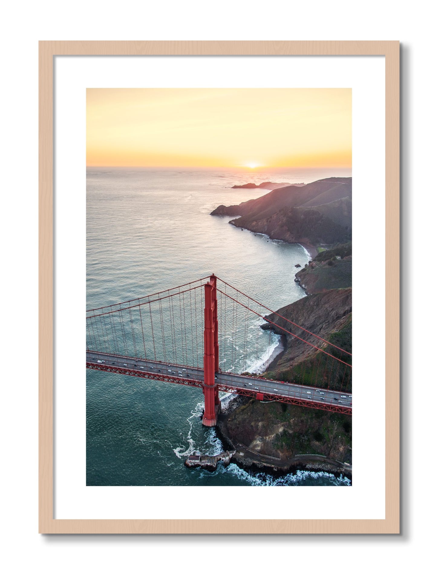 Framed photograph of Golden Gate At Dusk by Dylan Ozanich, Maple frame, Borders