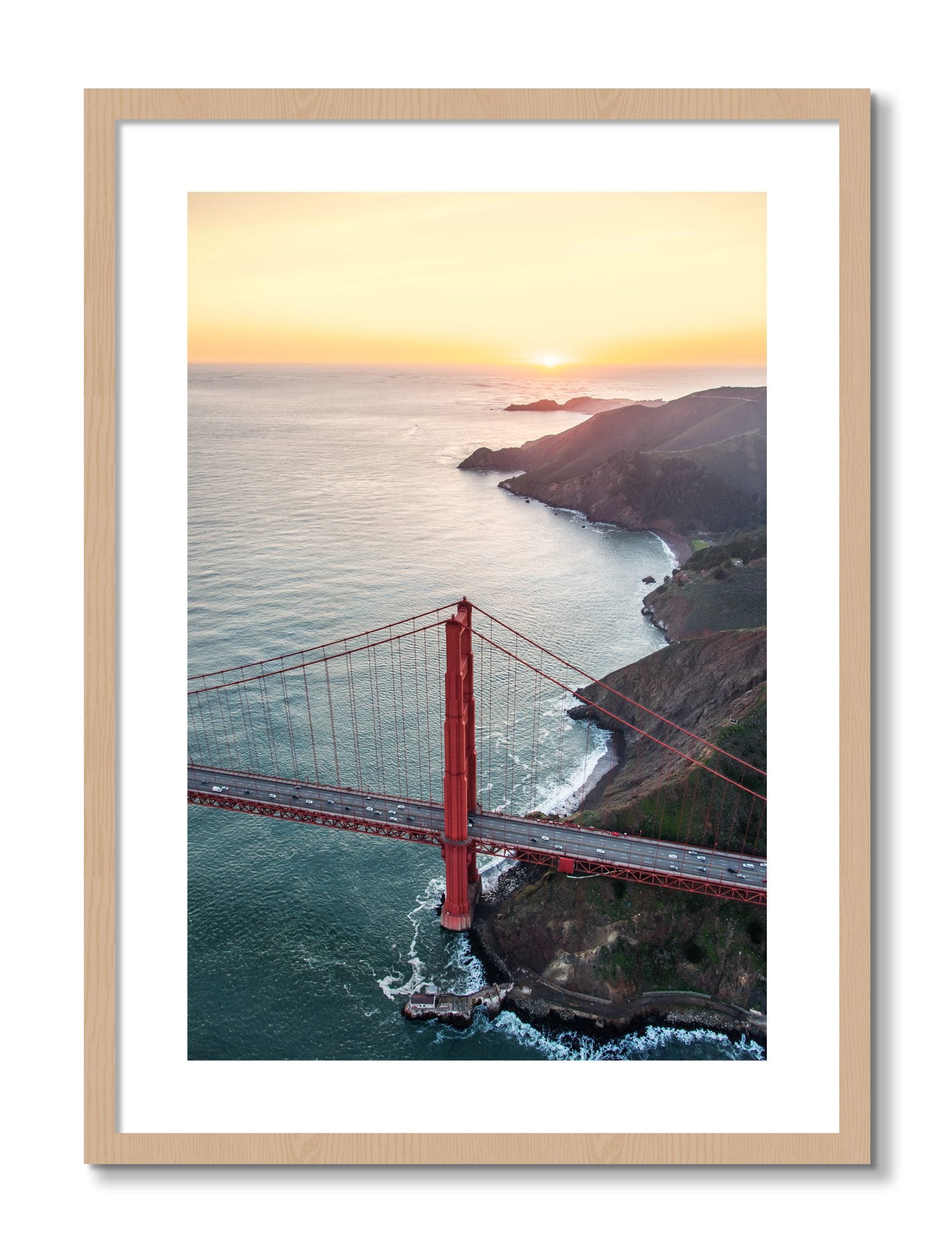 Framed photograph of Golden Gate At Dusk by Dylan Ozanich, Oak frame, Borders
