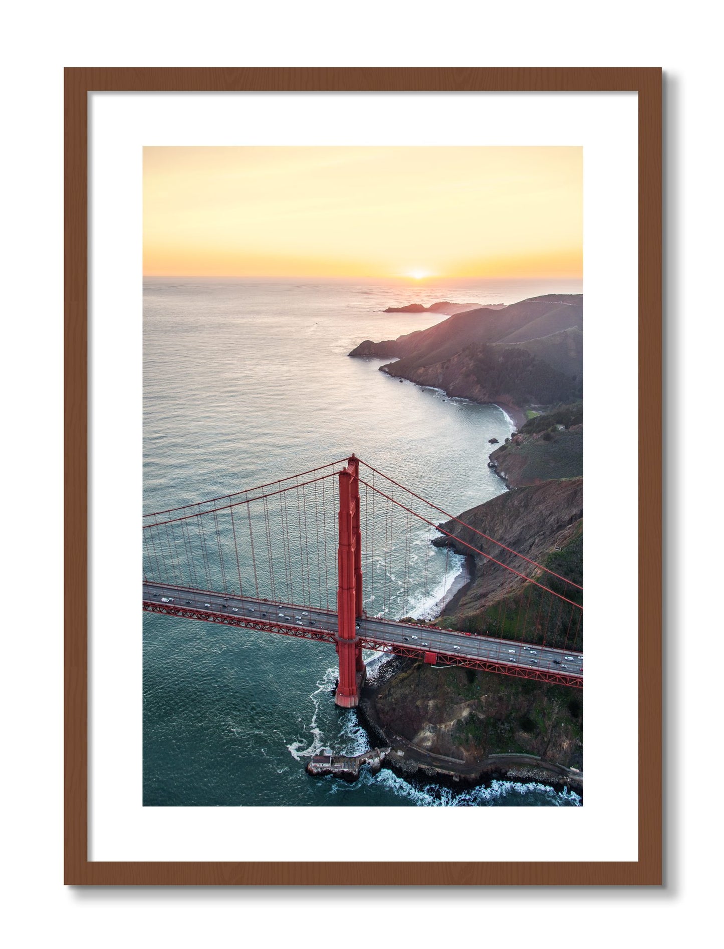 Framed photograph of Golden Gate At Dusk by Dylan Ozanich, Walnut frame, Borders