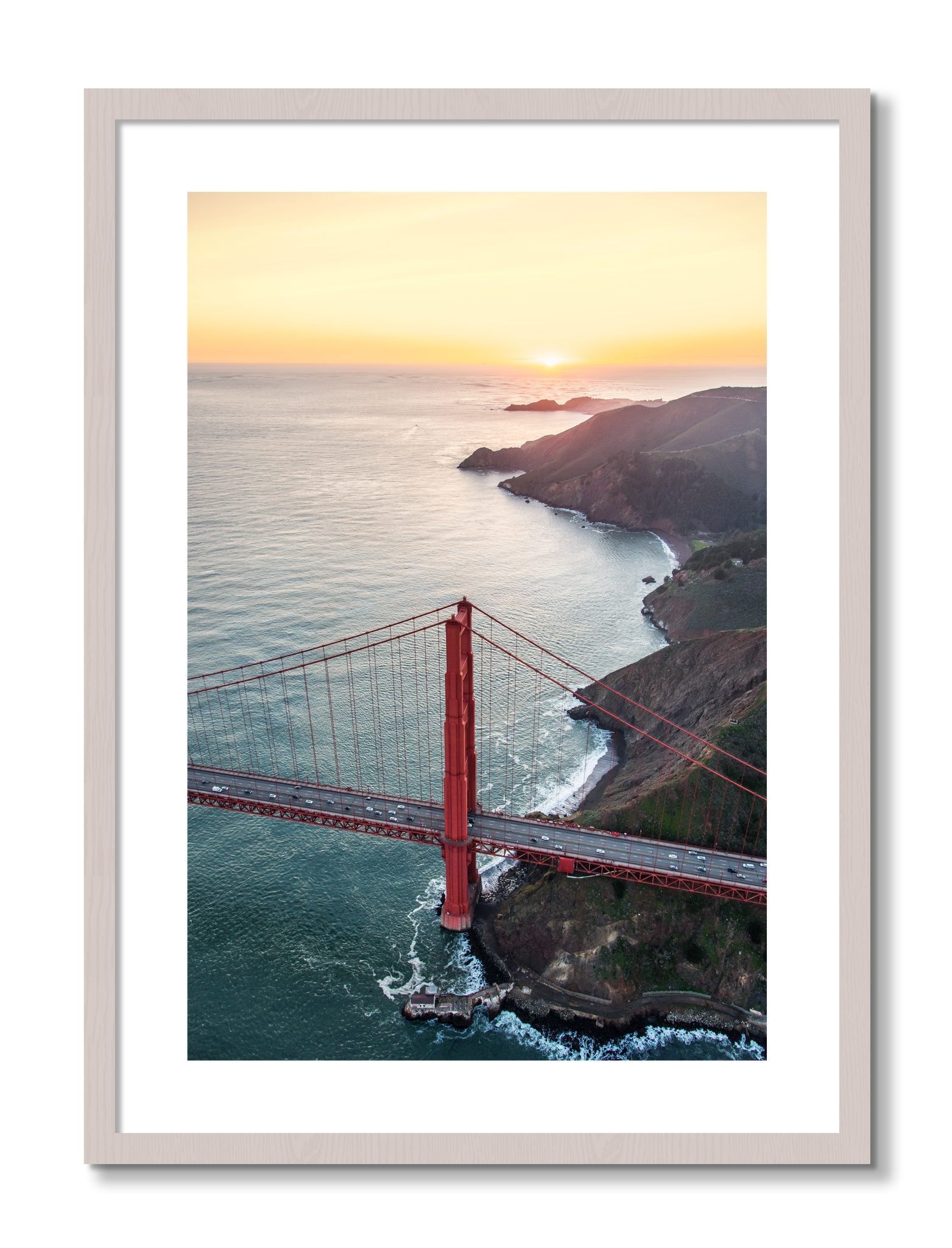 Framed photograph of Golden Gate At Dusk by Dylan Ozanich, White Maple frame, Borders
