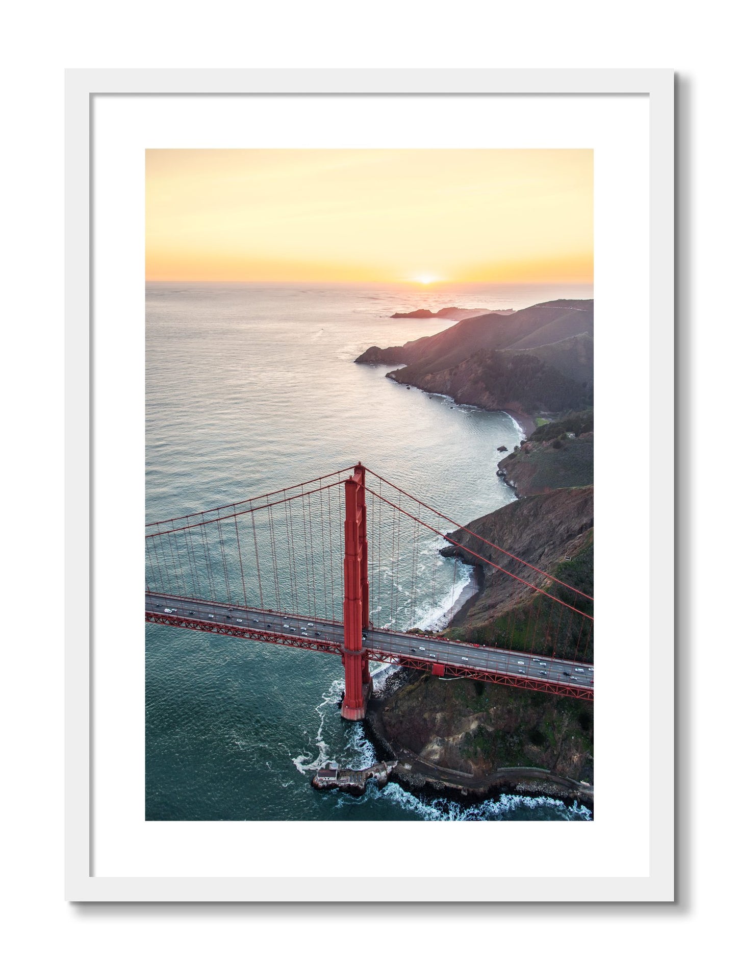Framed photograph of Golden Gate At Dusk by Dylan Ozanich, White frame, Borders