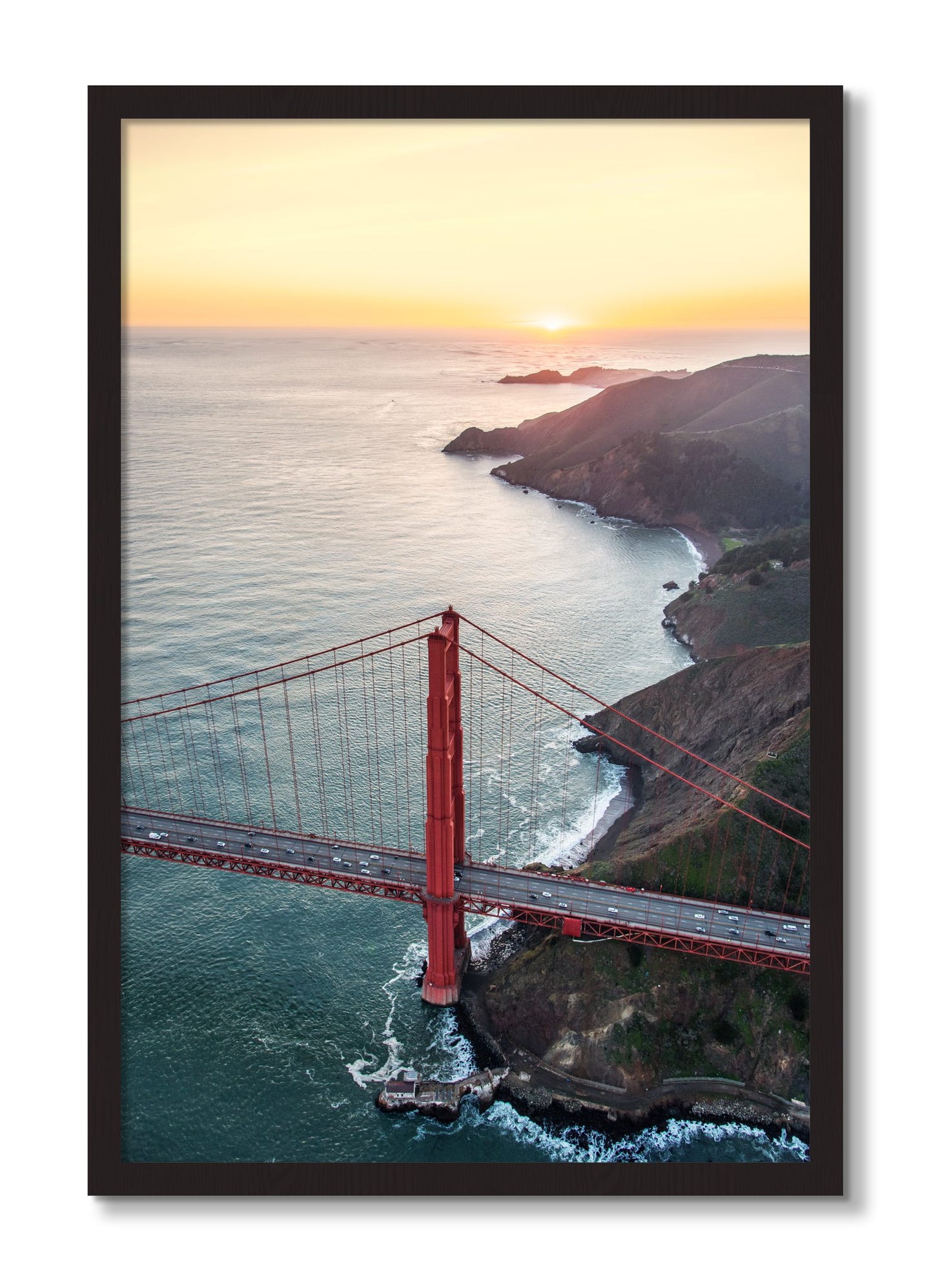 Framed photograph of Golden Gate At Dusk by Dylan Ozanich, Black Walnut frame, Full Bleed