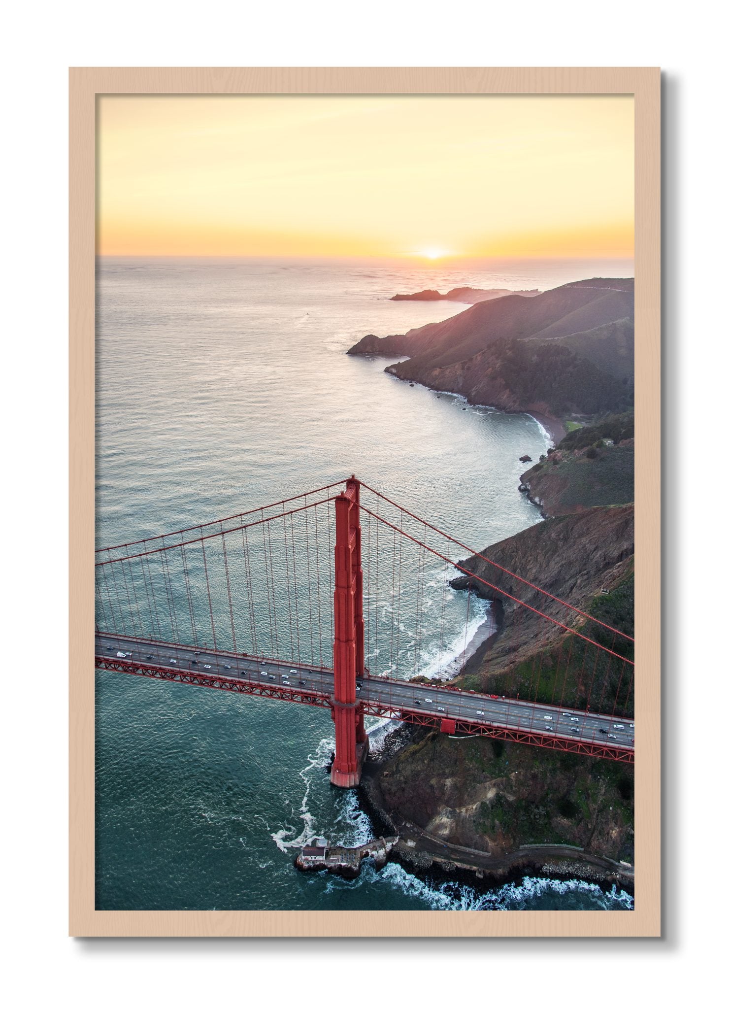 Framed photograph of Golden Gate At Dusk by Dylan Ozanich, Maple frame, Full Bleed