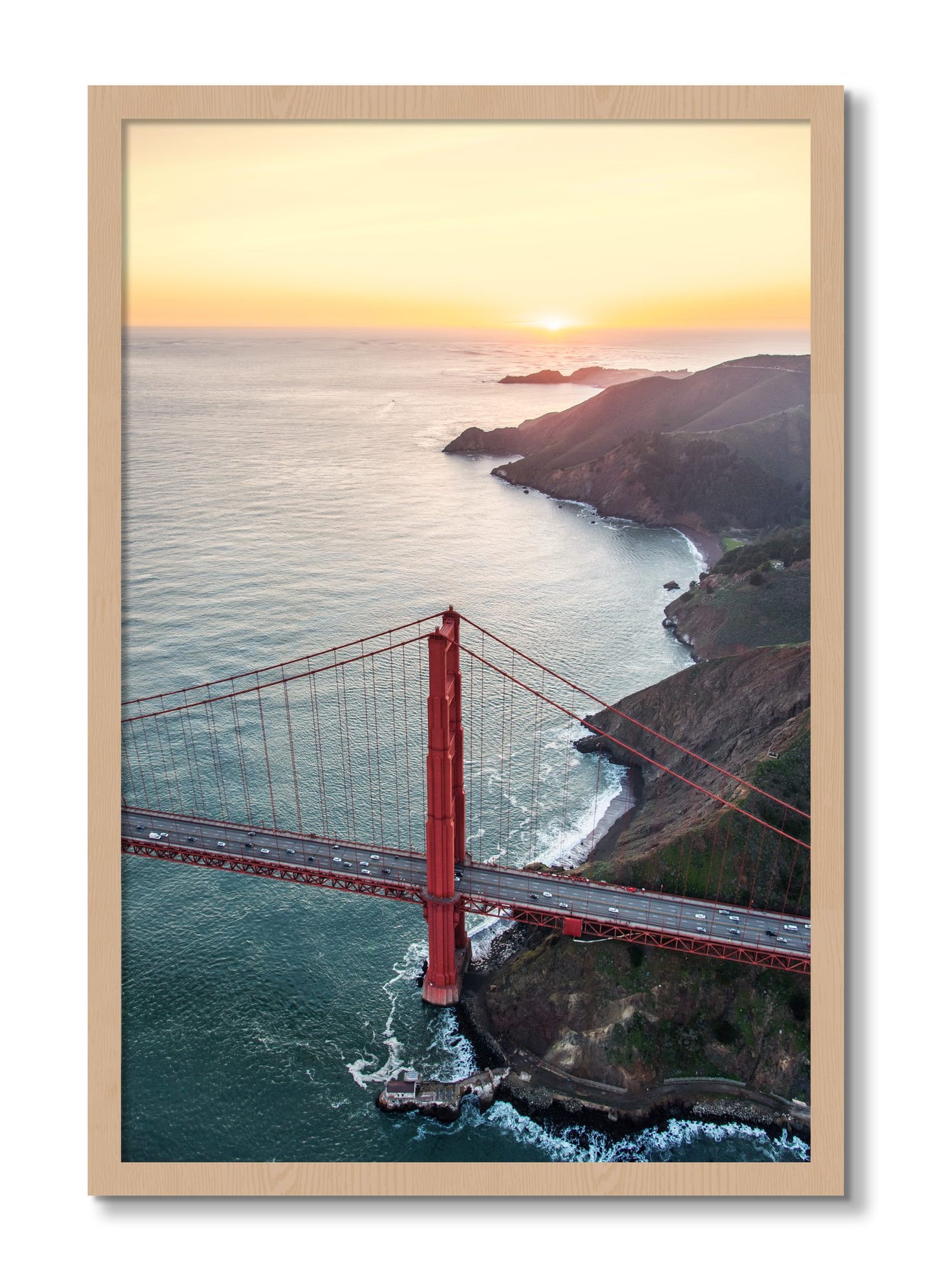 Framed photograph of Golden Gate At Dusk by Dylan Ozanich, Oak frame, Full Bleed