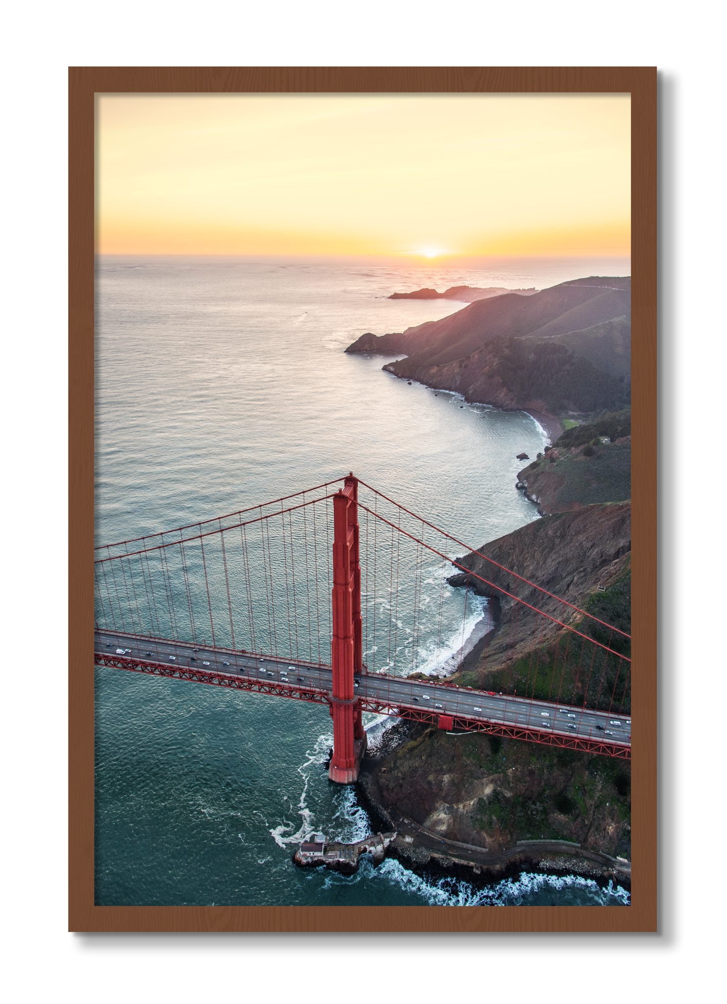 Framed photograph of Golden Gate At Dusk by Dylan Ozanich, Walnut frame, Full Bleed