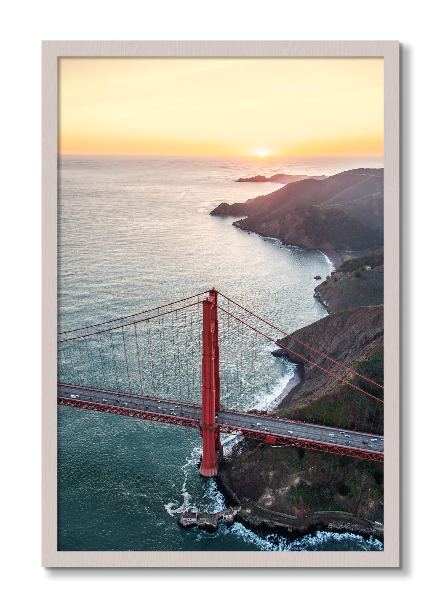 Framed photograph of Golden Gate At Dusk by Dylan Ozanich, White Maple frame, Full Bleed