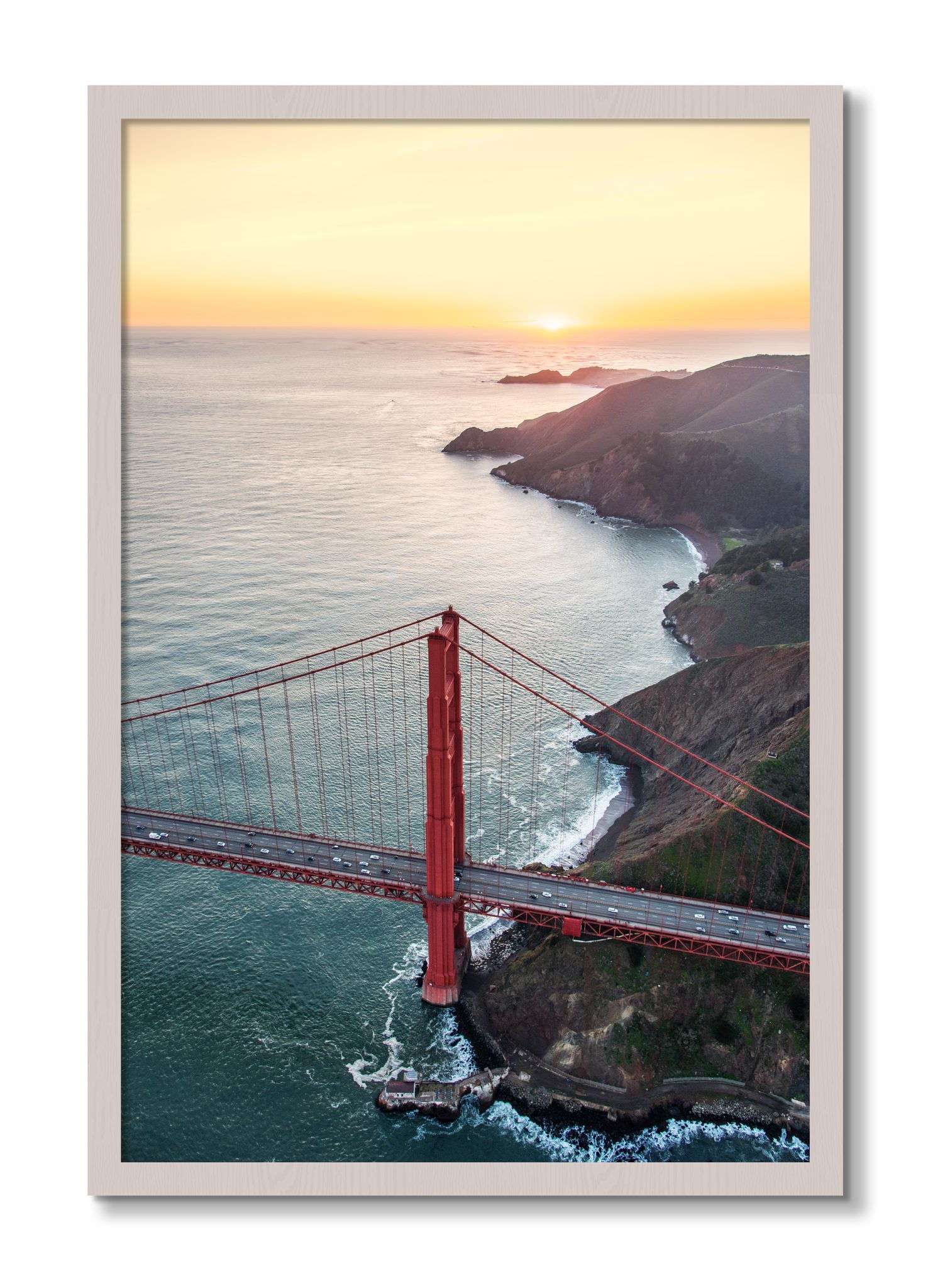 Framed photograph of Golden Gate At Dusk by Dylan Ozanich, White Maple frame, Full Bleed