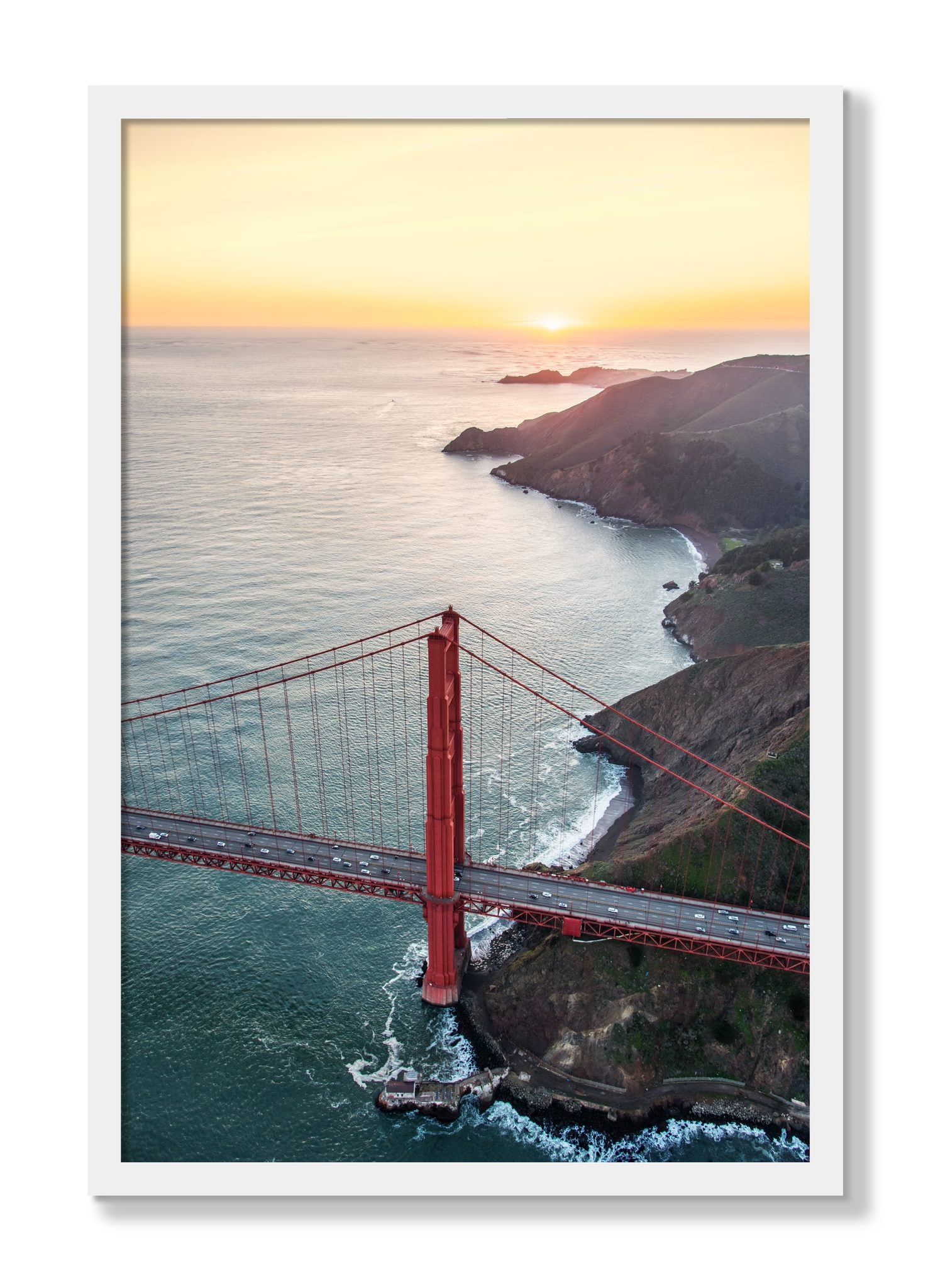 Framed photograph of Golden Gate At Dusk by Dylan Ozanich, White frame, Full Bleed