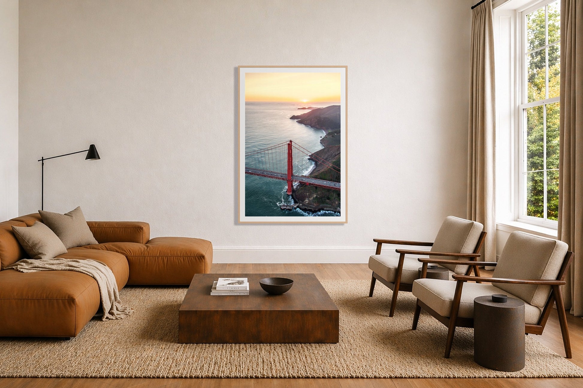 Framed photograph of Golden Gate At Dusk by Dylan Ozanich displayed on a wall