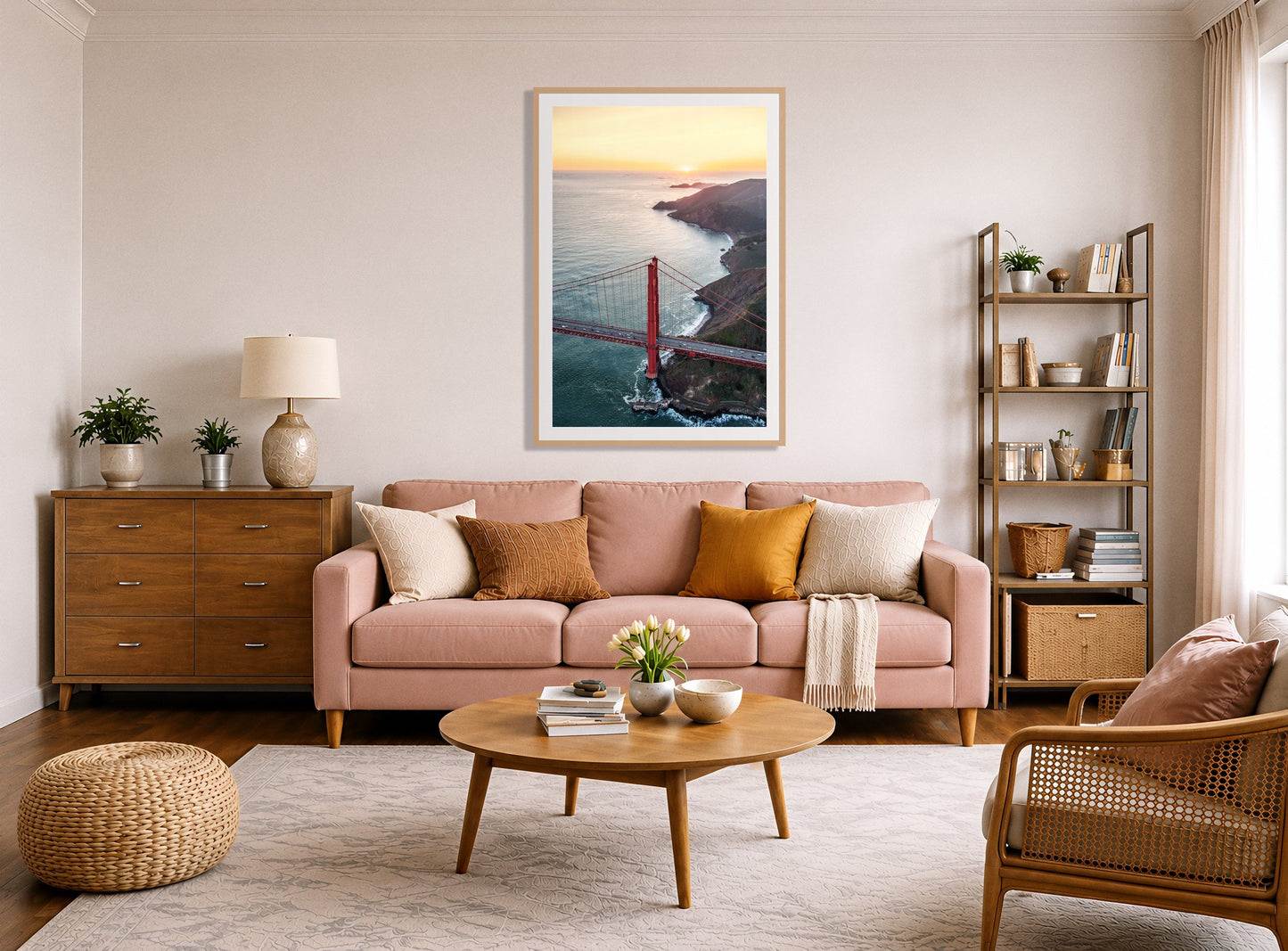 Framed photograph of Golden Gate At Dusk by Dylan Ozanich displayed on a wall