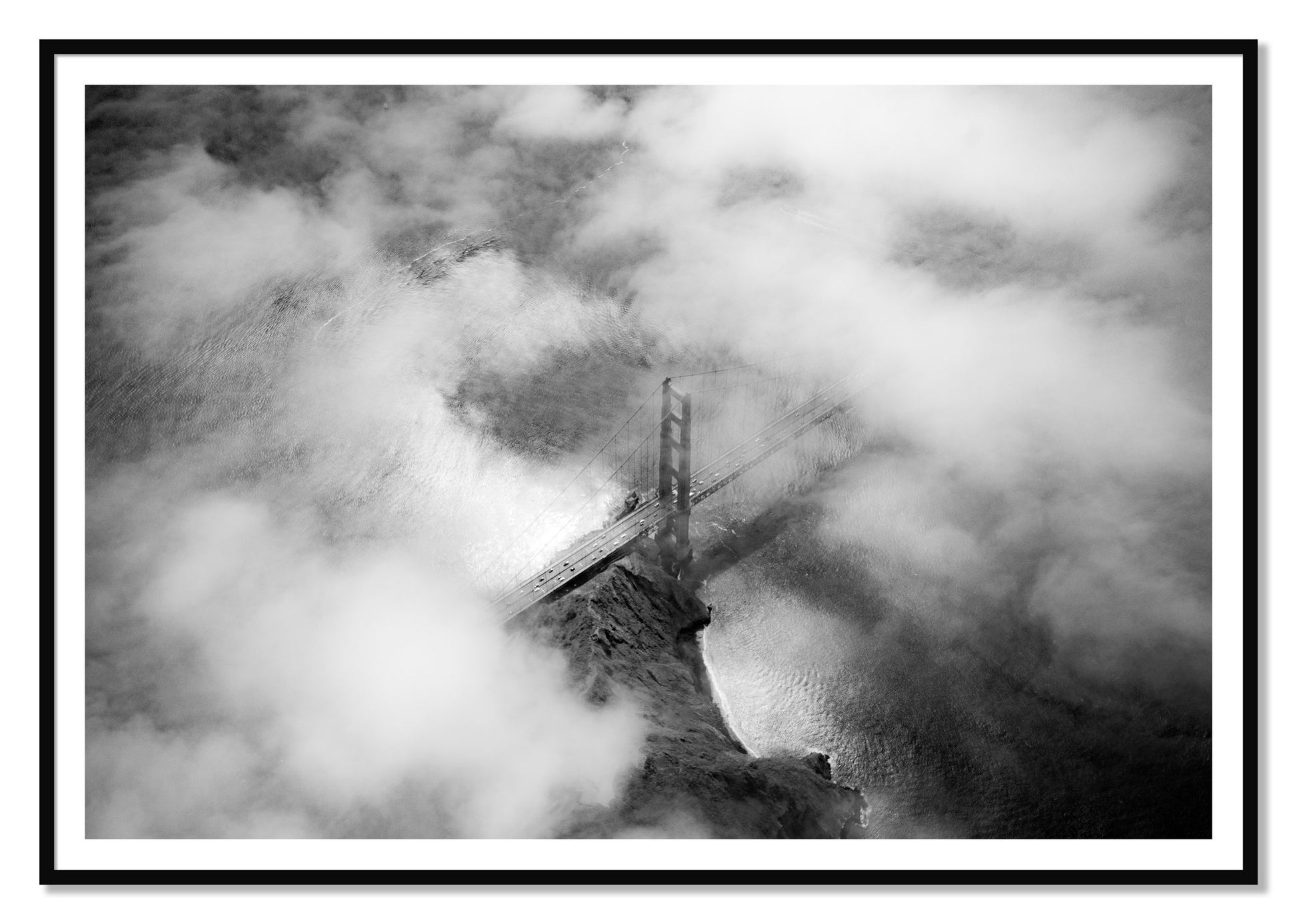Golden Gate Fog by Dylan Ozanich, 48×72 print with a White Border in a Black frame