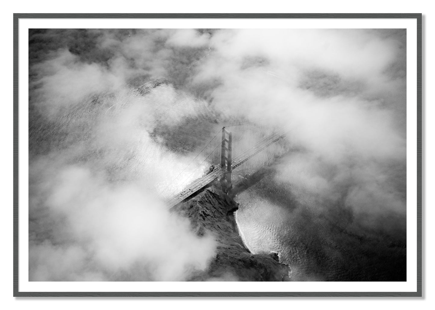 Golden Gate Fog by Dylan Ozanich, 48×72 print with a White Border in a Grey frame