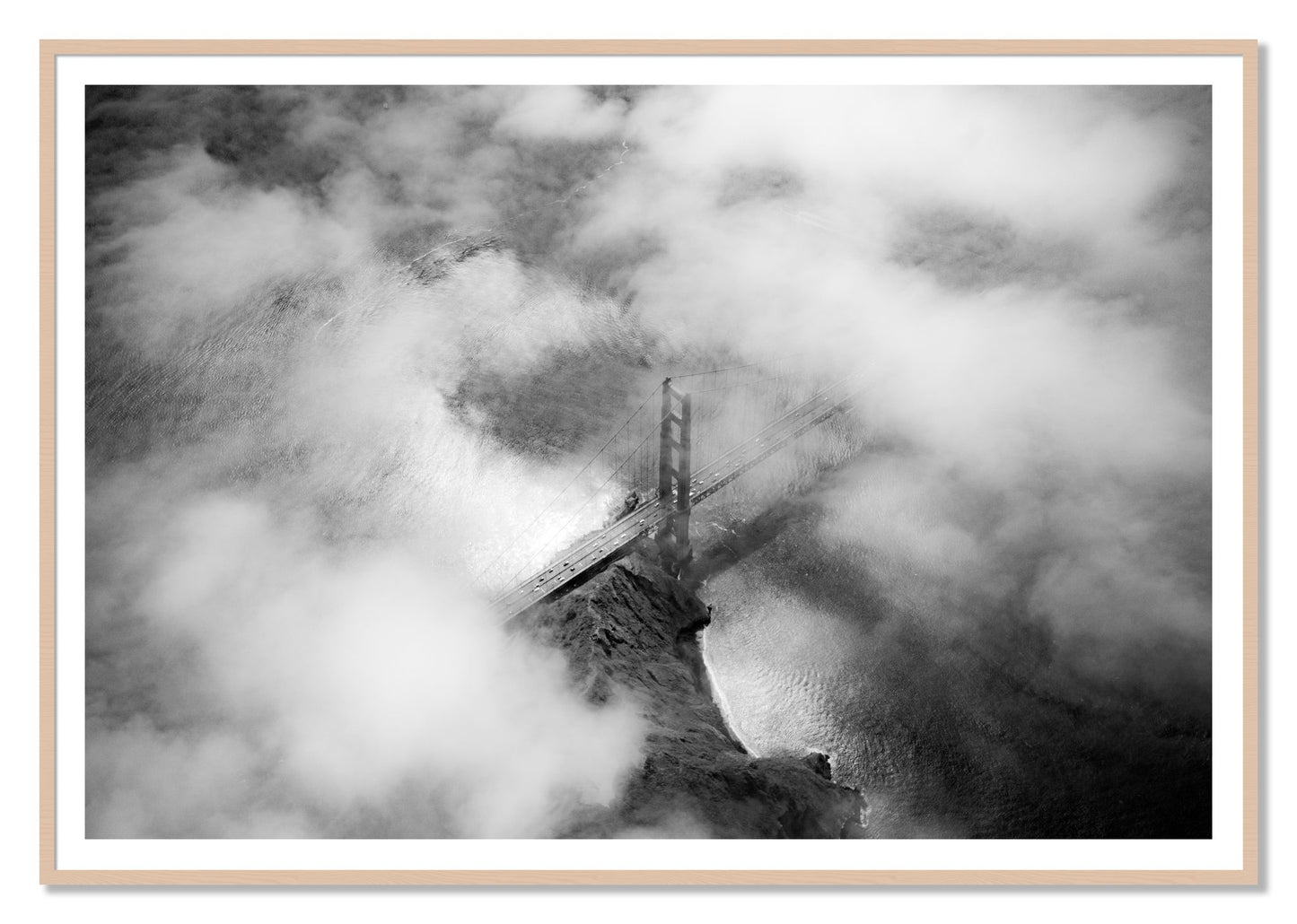 Golden Gate Fog by Dylan Ozanich, 48×72 print with a White Border in a Maple frame