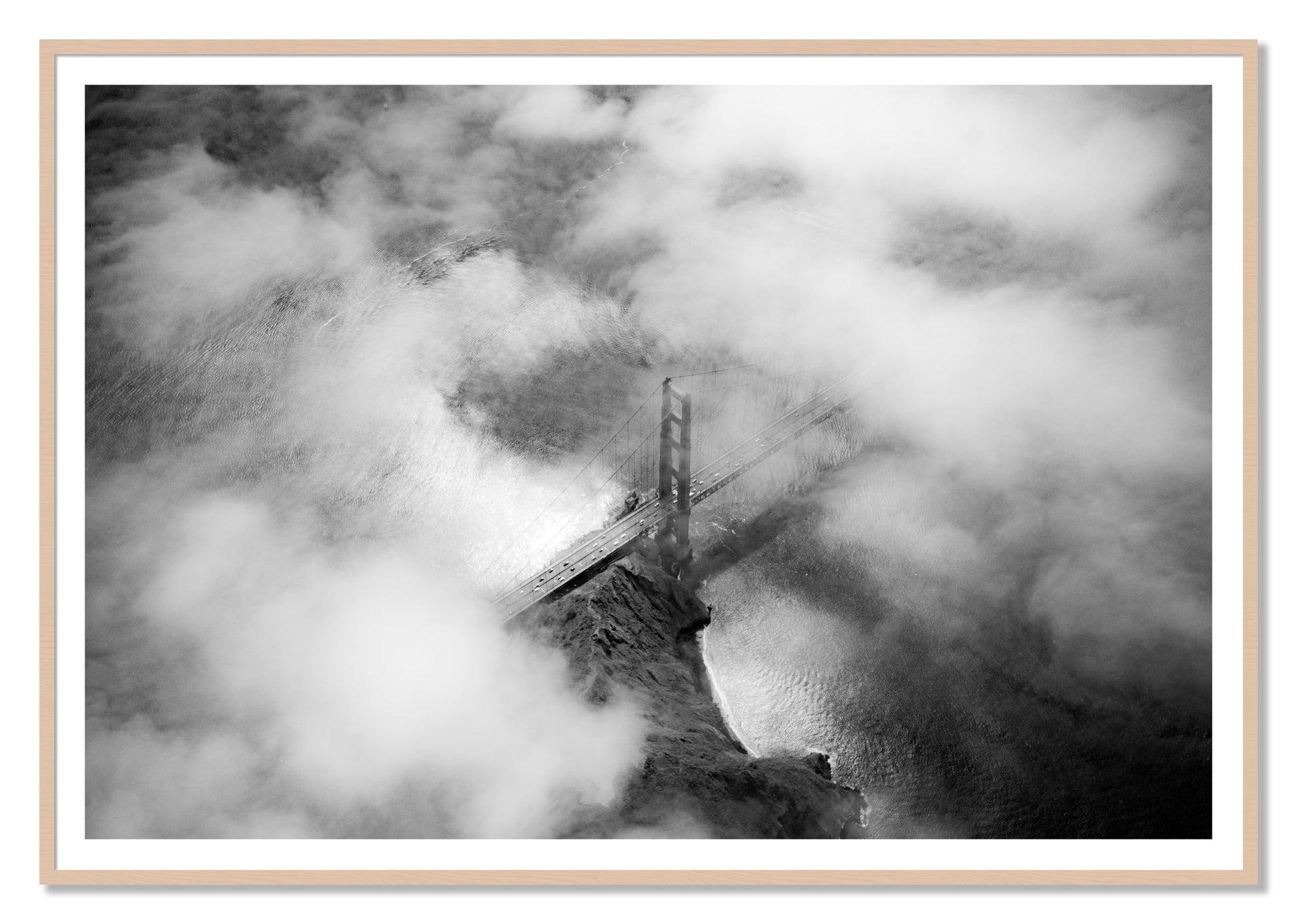 Golden Gate Fog by Dylan Ozanich, 48×72 print with a White Border in a Maple frame