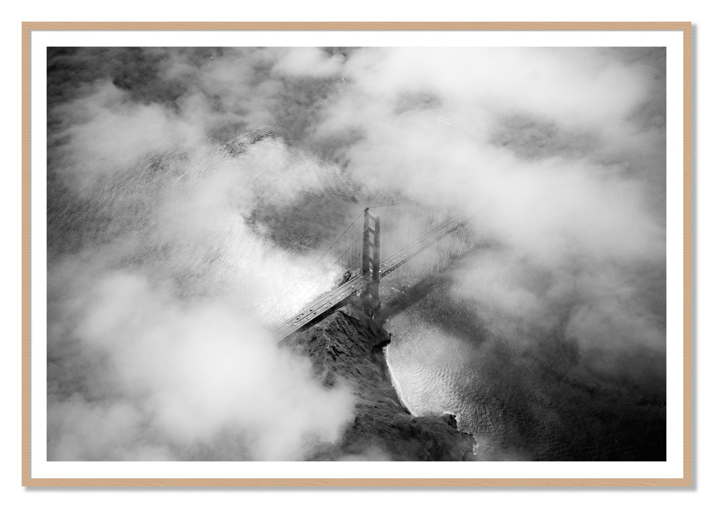 Golden Gate Fog by Dylan Ozanich, 48×72 print with a White Border in an Oak frame